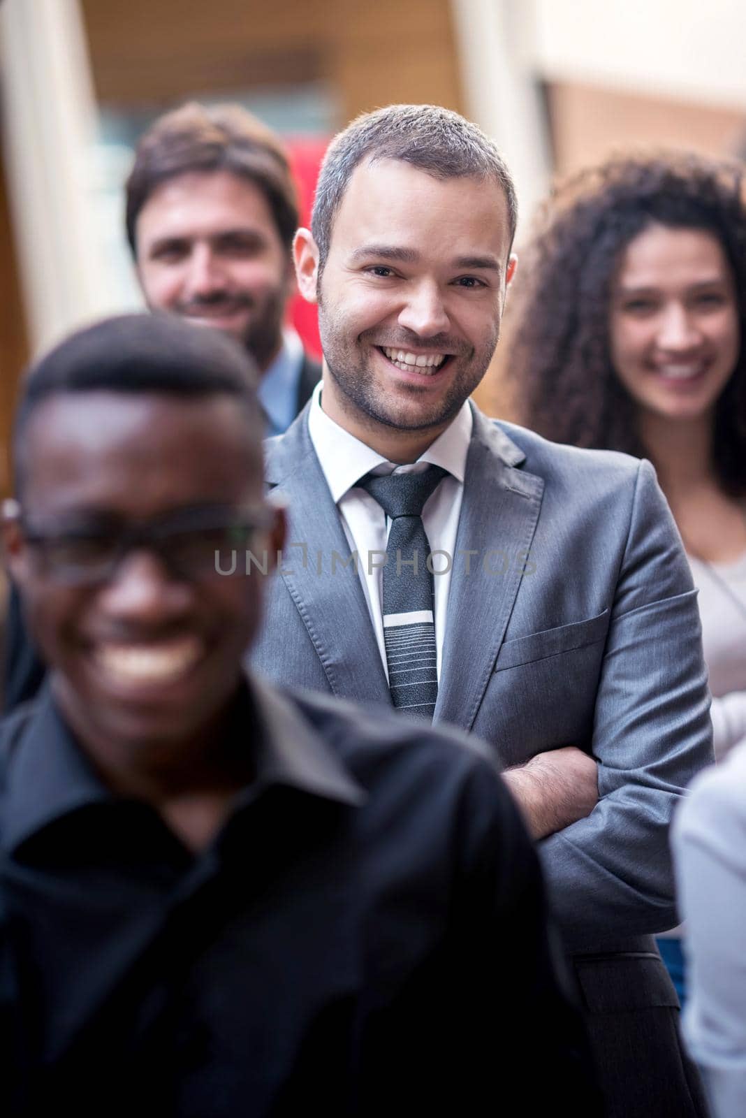 young multi ethnic business people group walking standing and top view