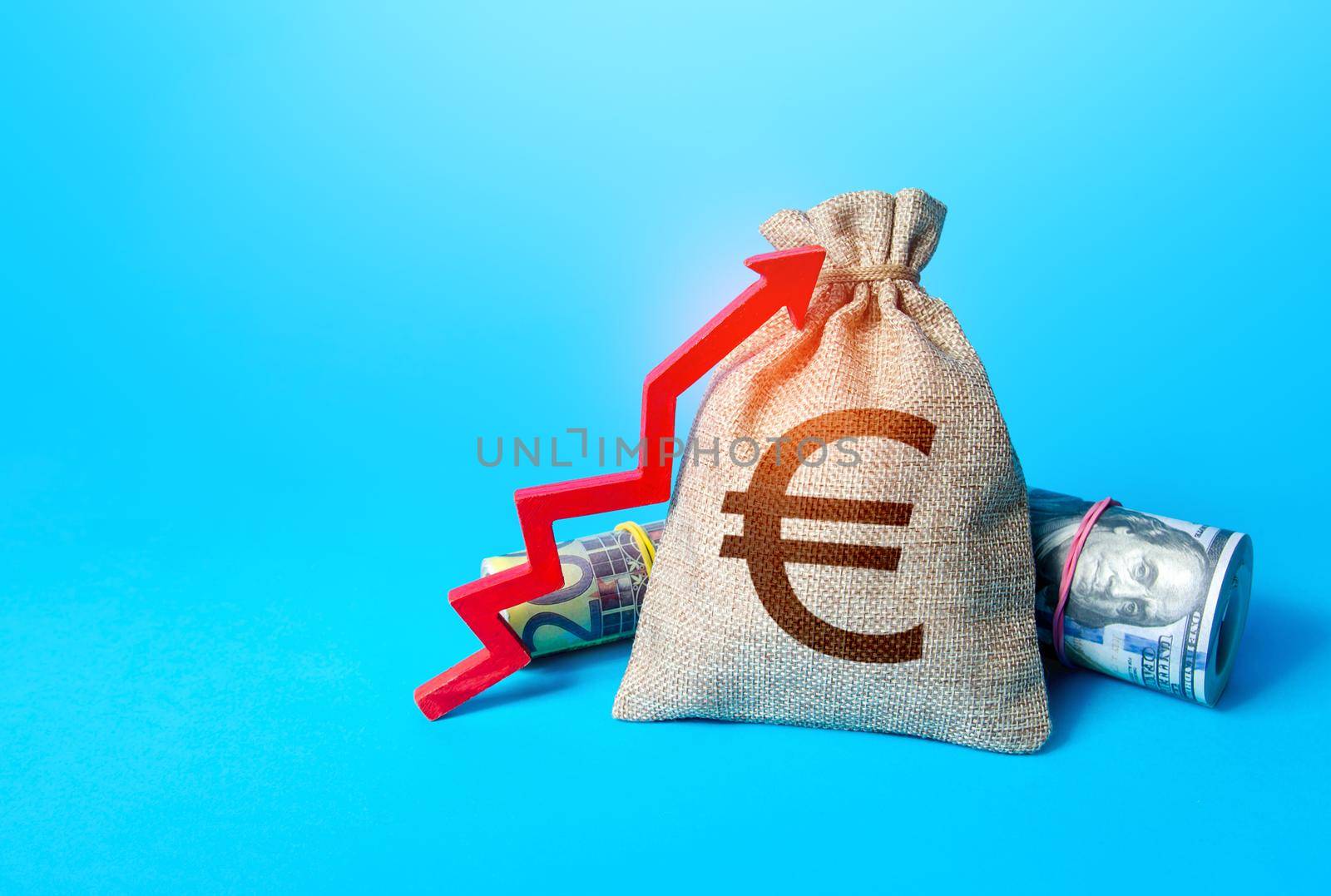 Euro money bag and red up arrow. Economic growth, GDP. Rise in profits, budget fees. Investments. Increase in the deposit rate. Increase income and business efficiency. Inflation acceleration.