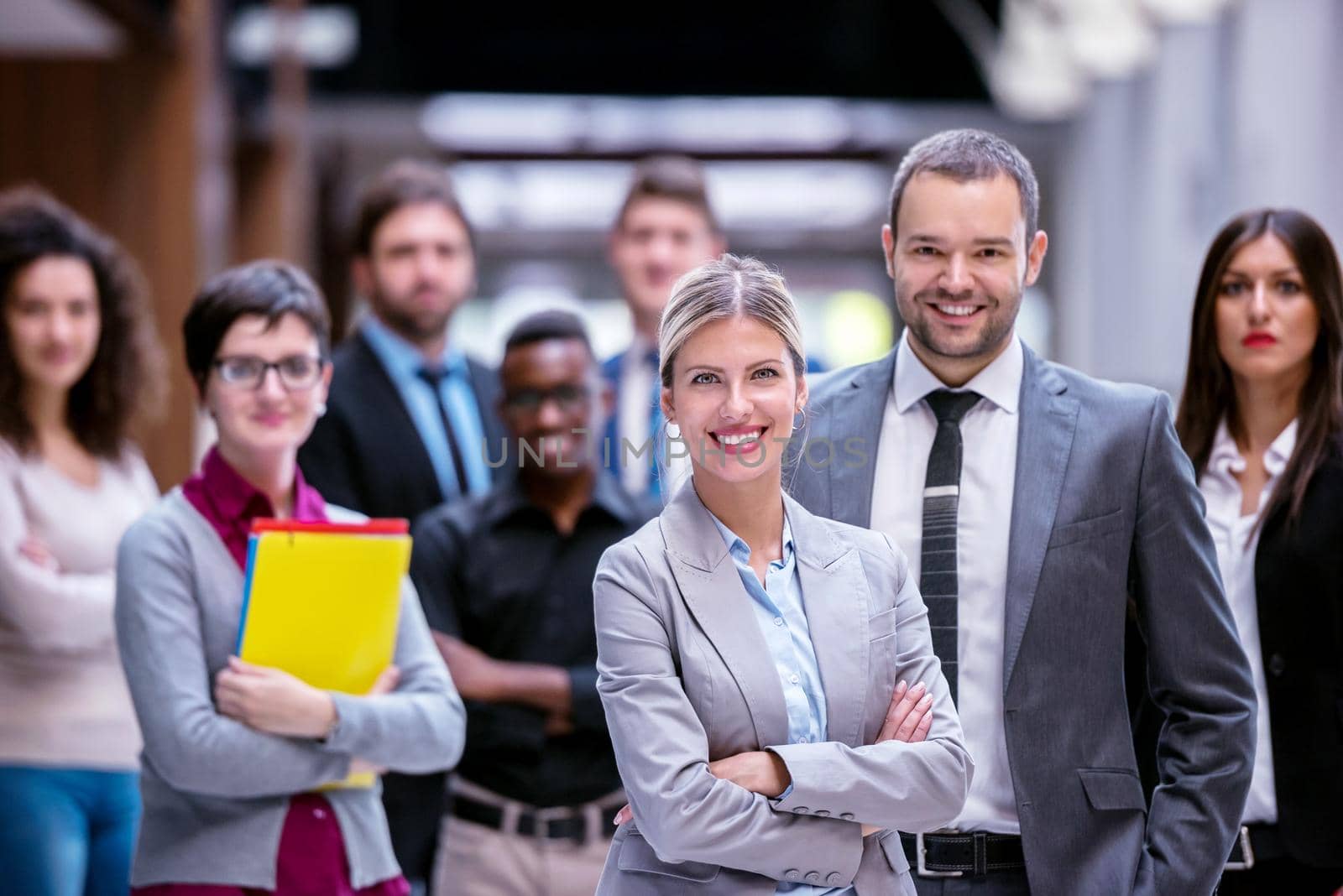 young multi ethnic business people group walking standing and top view