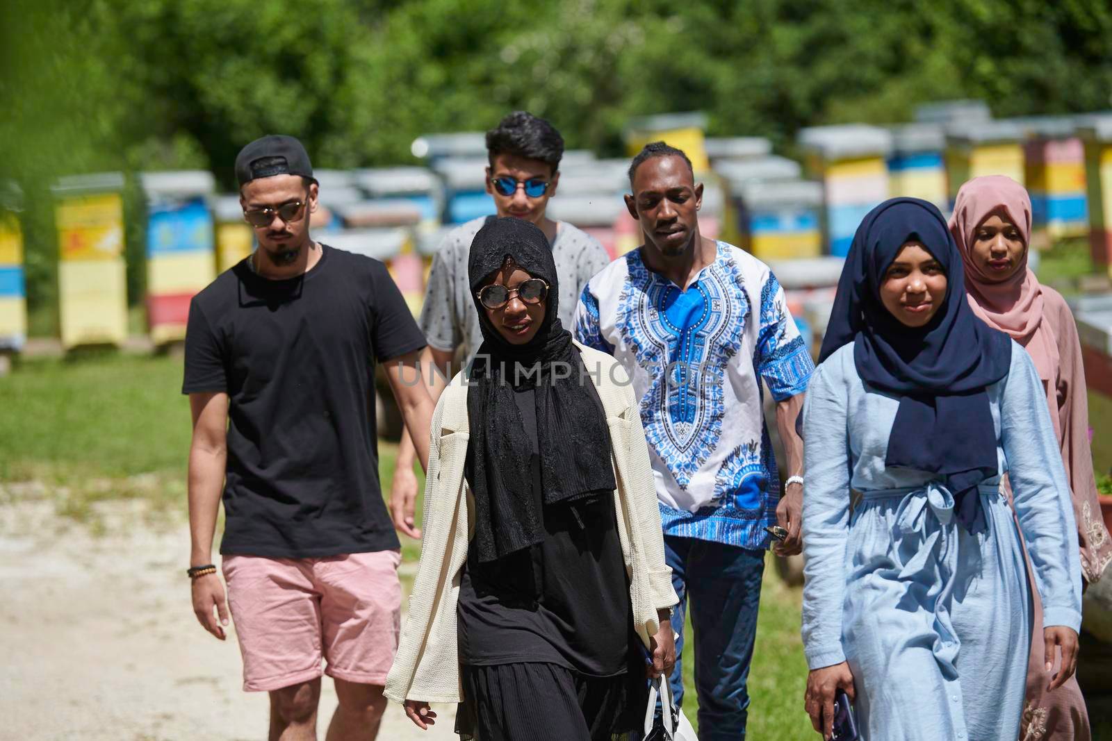 african muslim people group visiting local honey production farm