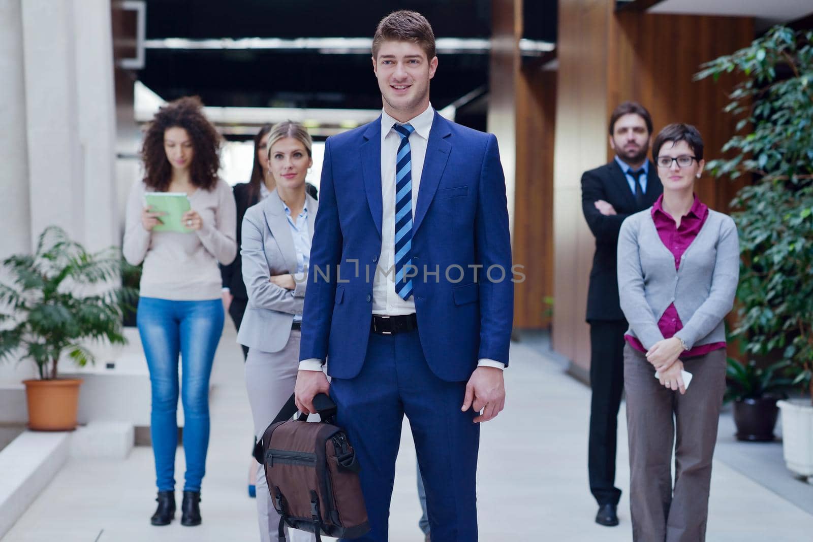 young multi ethnic business people group walking standing and top view