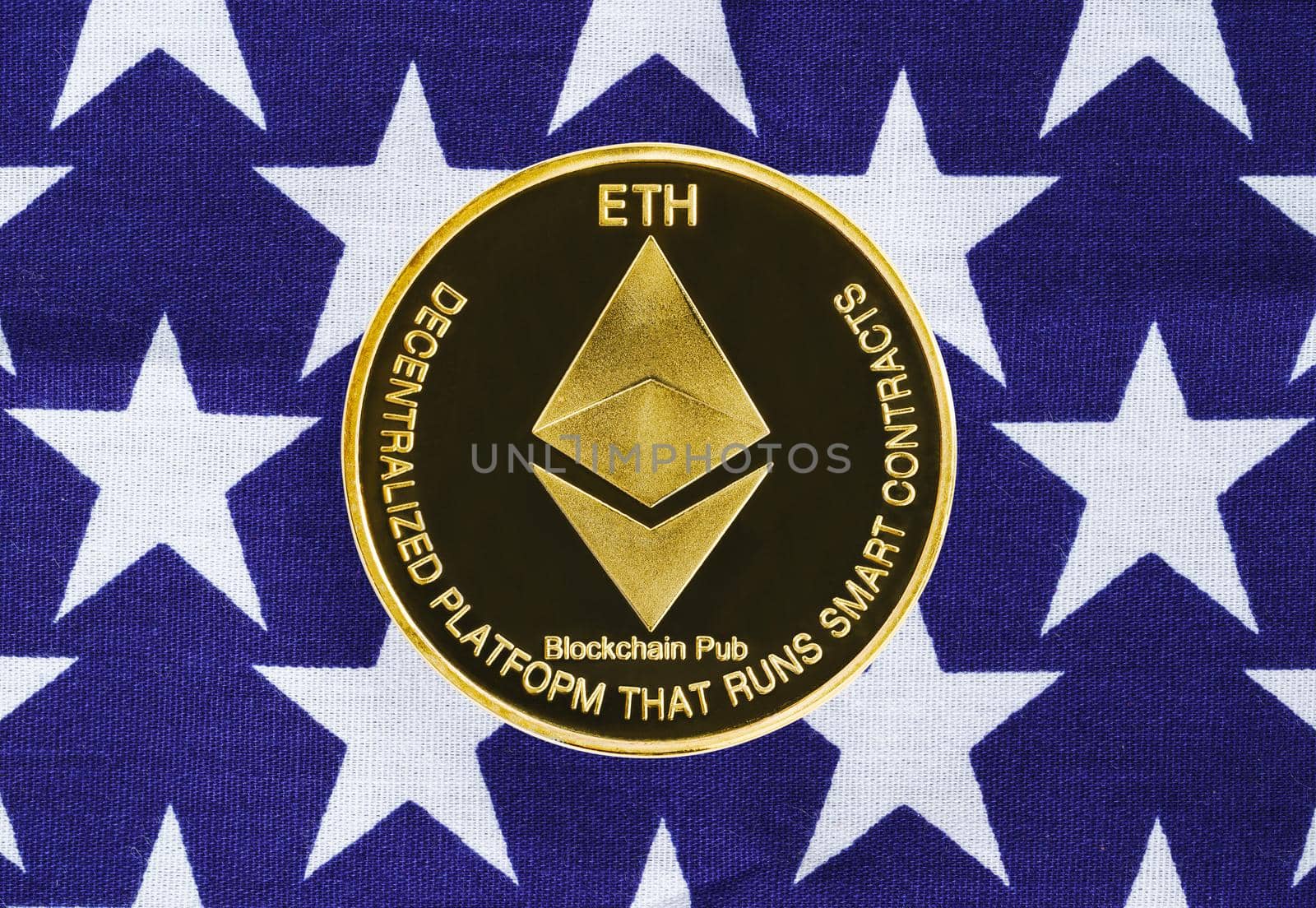 Gold Ethereum coin on usa flag background by stoonn