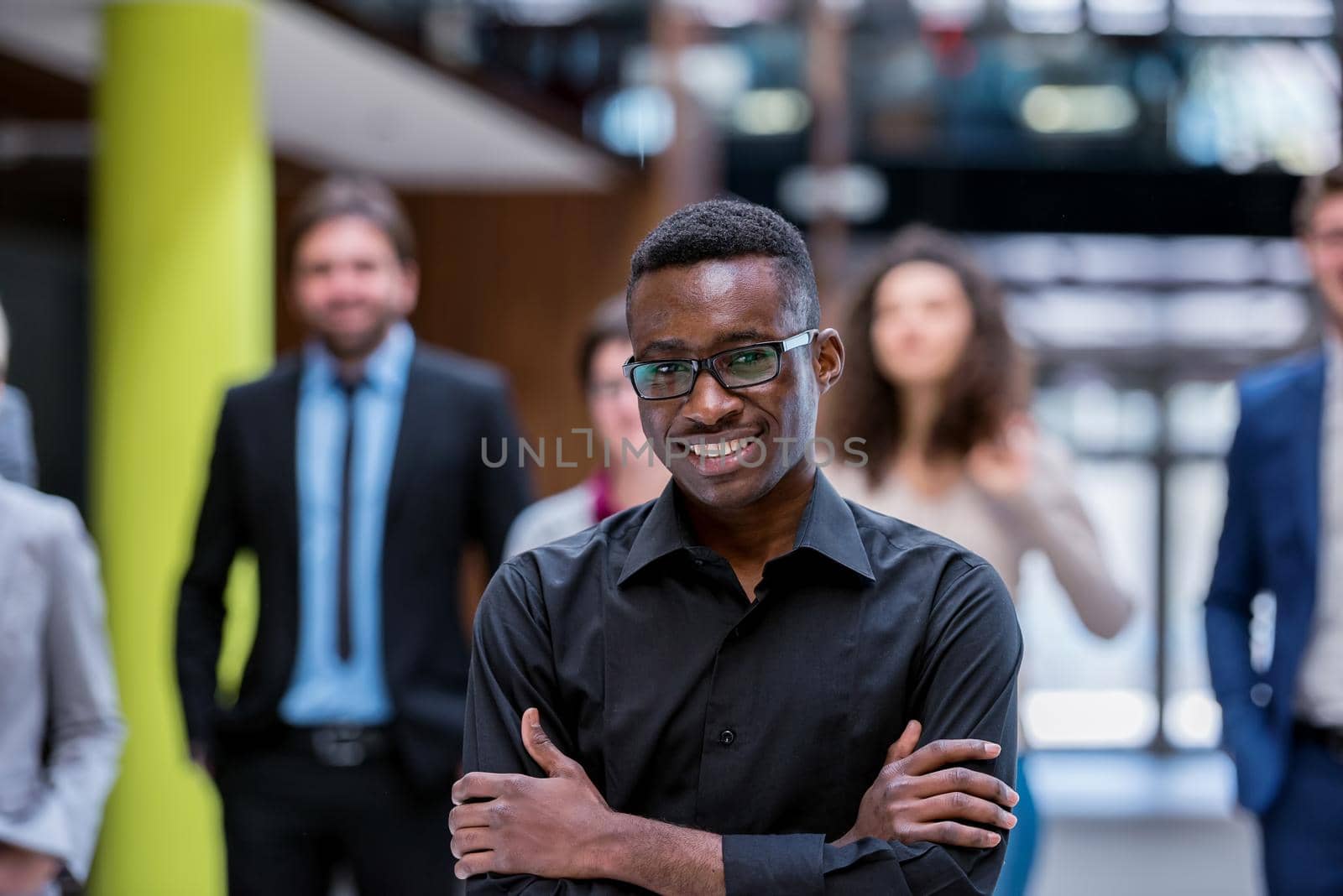 young multi ethnic business people group walking standing and top view