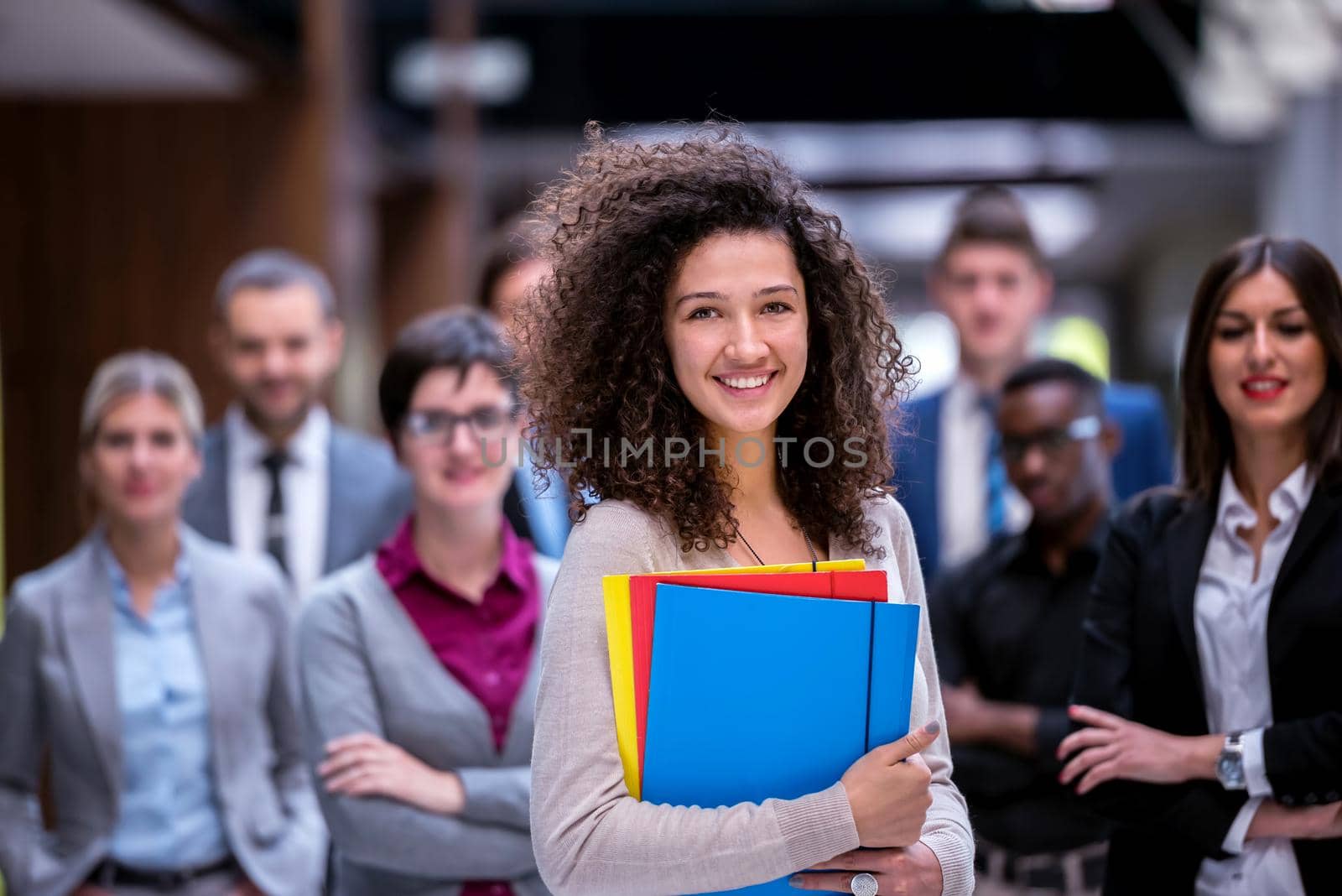 young multi ethnic business people group walking standing and top view