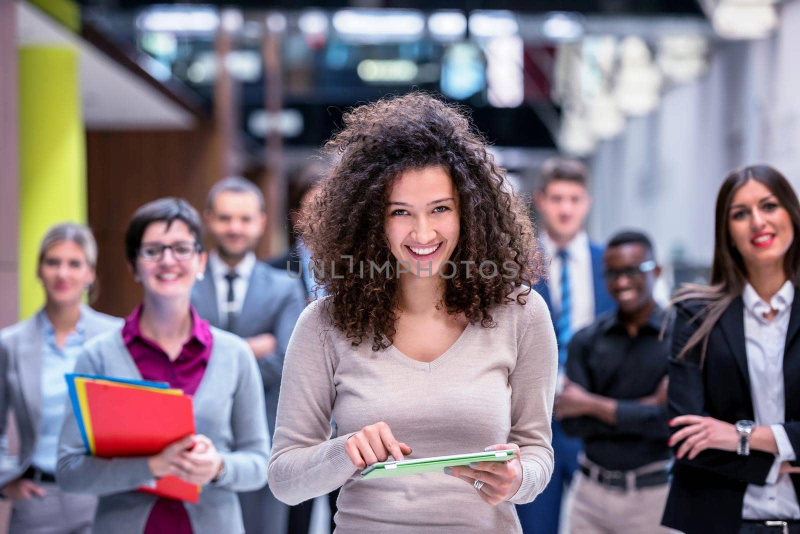 young multi ethnic business people group walking standing and top view