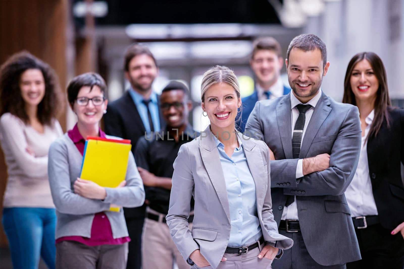 young multi ethnic business people group walking standing and top view