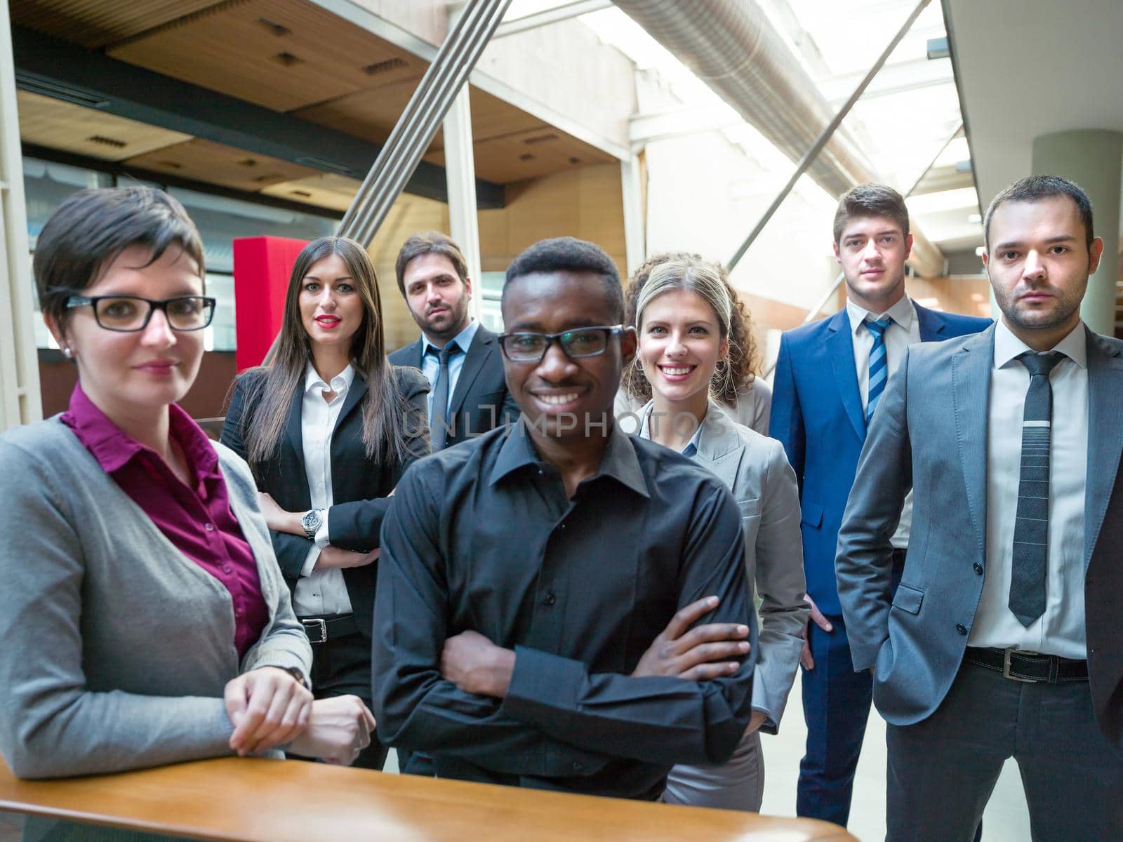 young multi ethnic business people group walking standing and top view