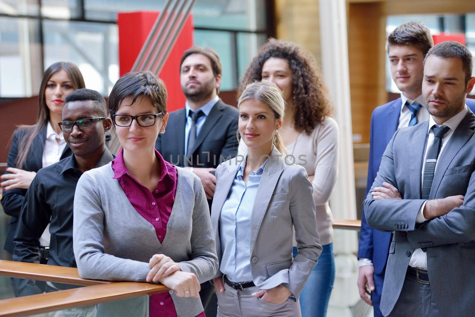 young multi ethnic business people group walking standing and top view