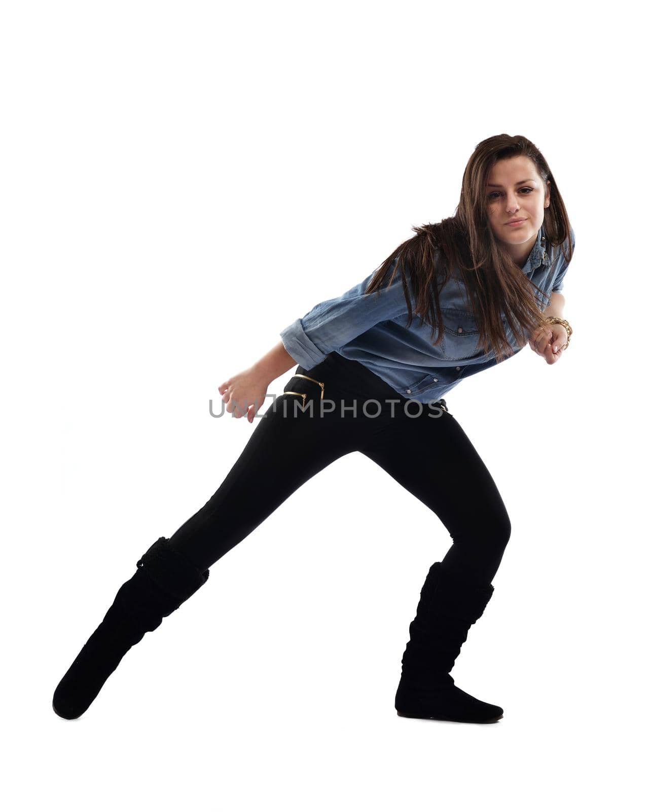 young woman dancing isolated on white background