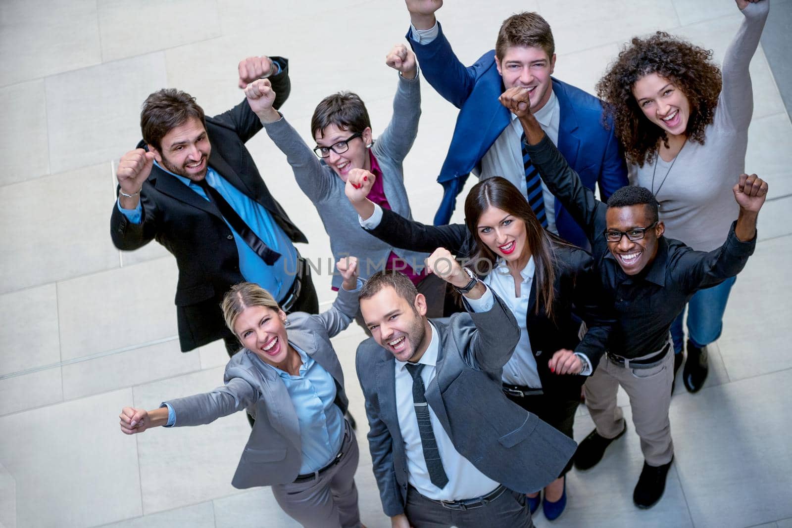 young multi ethnic business people group walking standing and top view