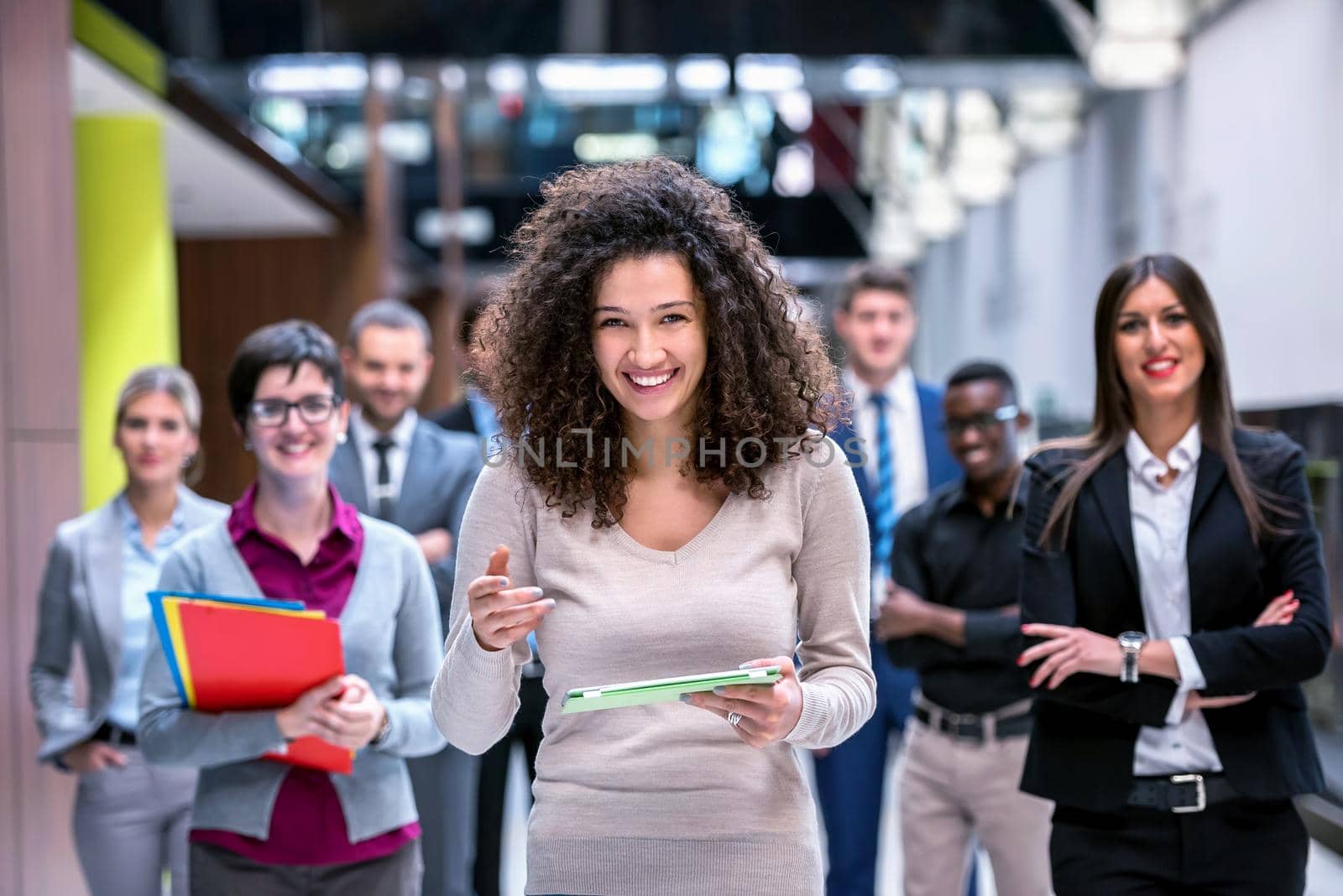 young multi ethnic business people group walking standing and top view