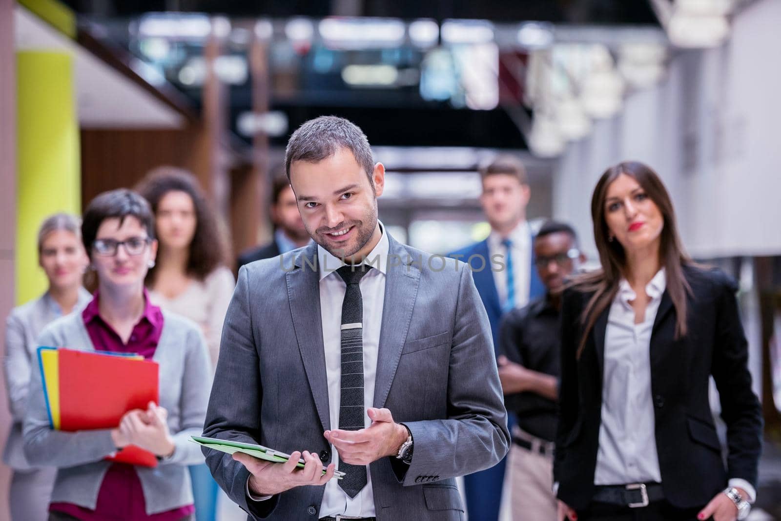 young multi ethnic business people group walking standing and top view