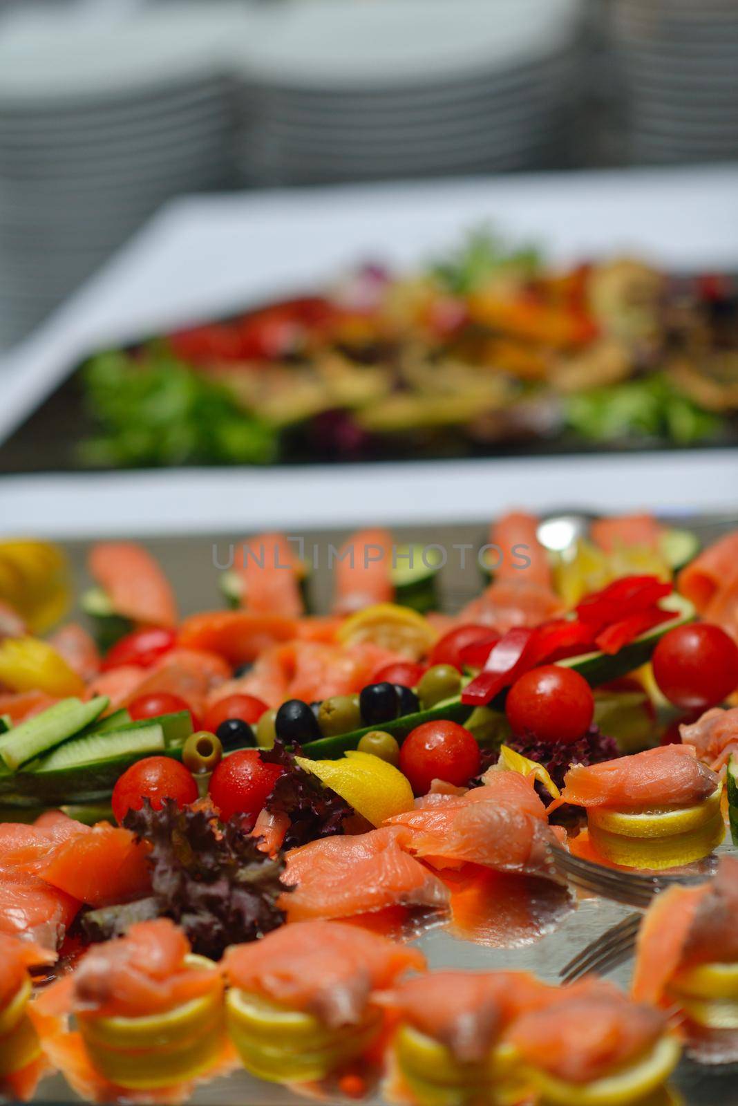 people group catering buffet food indoor in luxury restaurant with meat colorful fruits  and vegetables