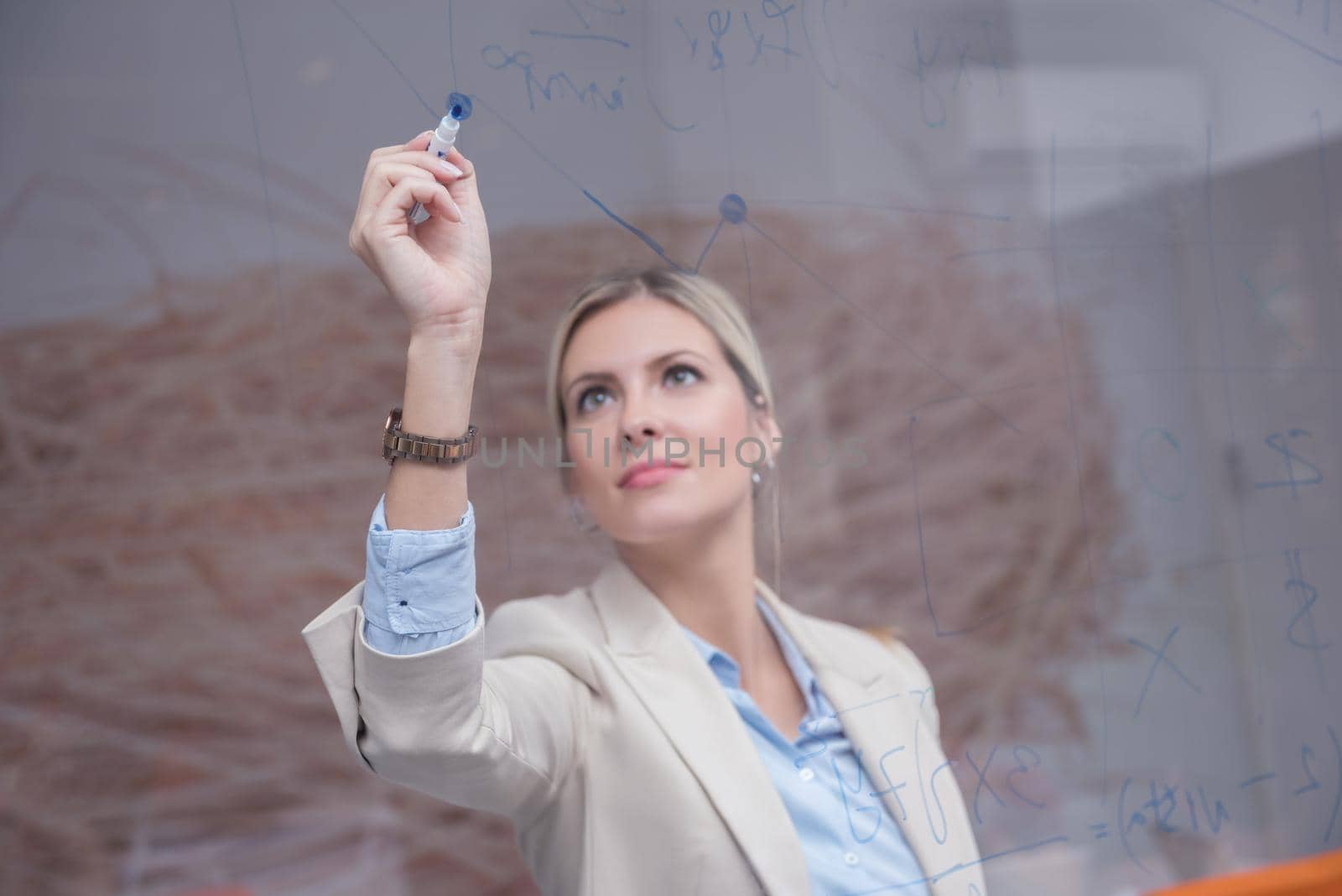 business woman with her staff, people group in background at modern bright office indoors