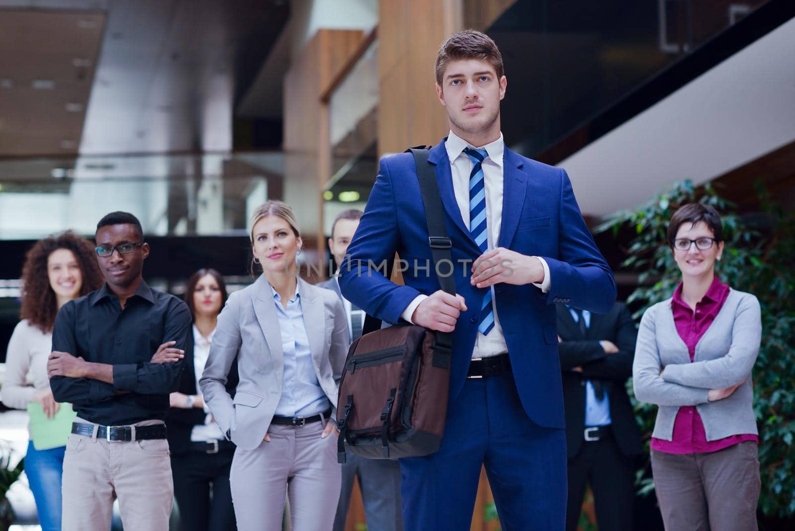 young multi ethnic business people group walking standing and top view