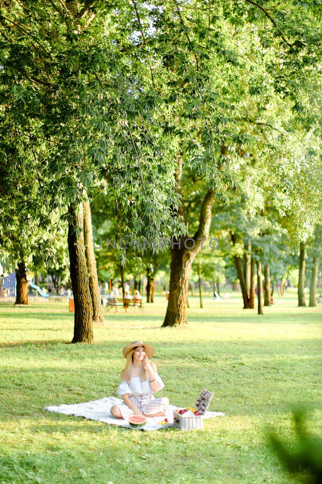 Young european blonde woman in hat sitting in park on plaid near fruits, grass and trees in background. Concept of summer picnic, resting on nature and healthy food.