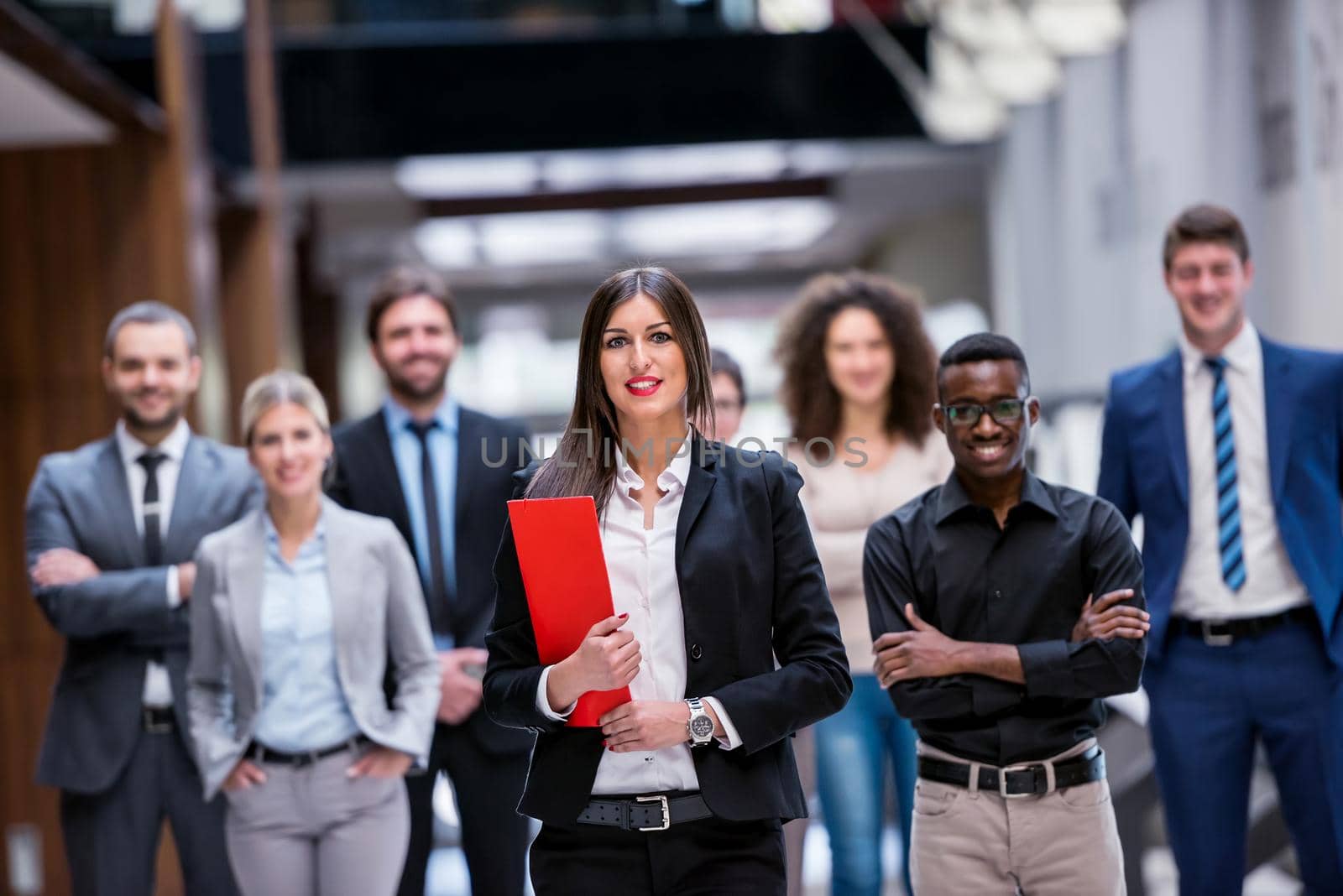 young multi ethnic business people group walking standing and top view