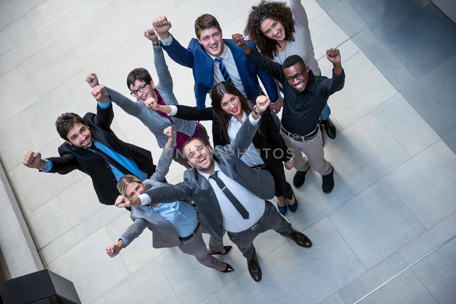 young multi ethnic business people group walking standing and top view