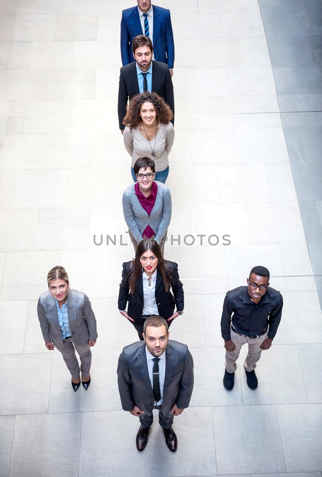 young multi ethnic business people group walking standing and top view