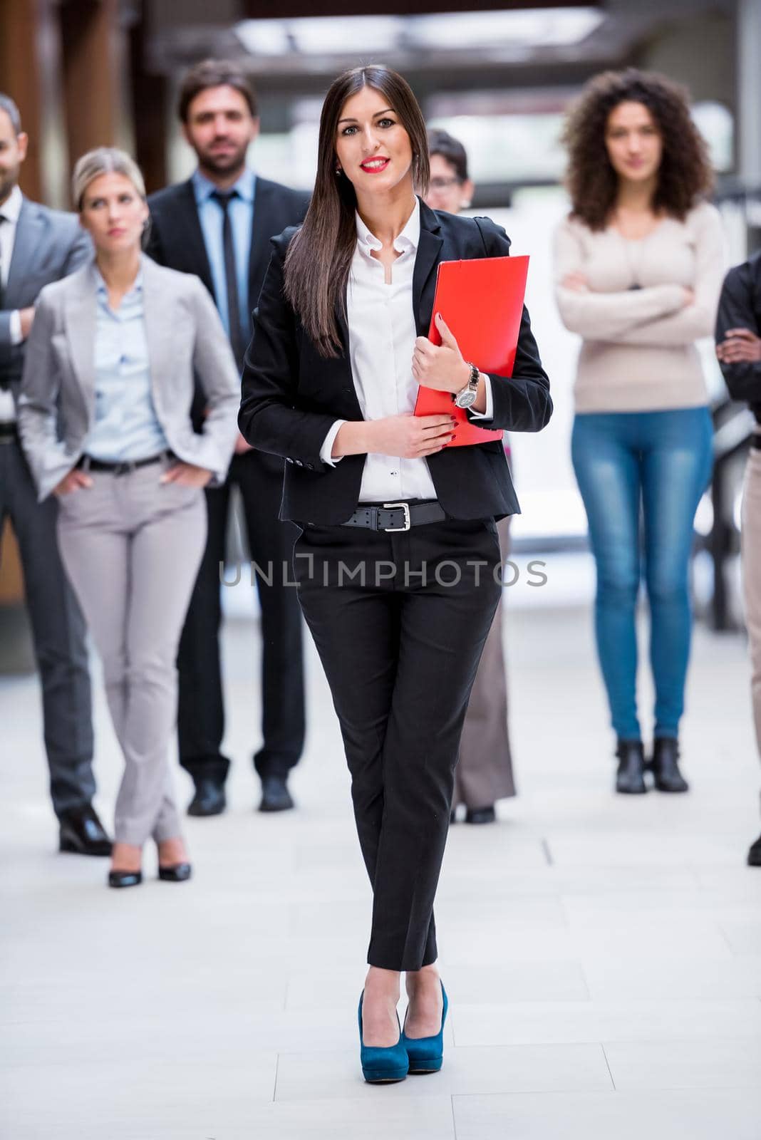 young multi ethnic business people group walking standing and top view