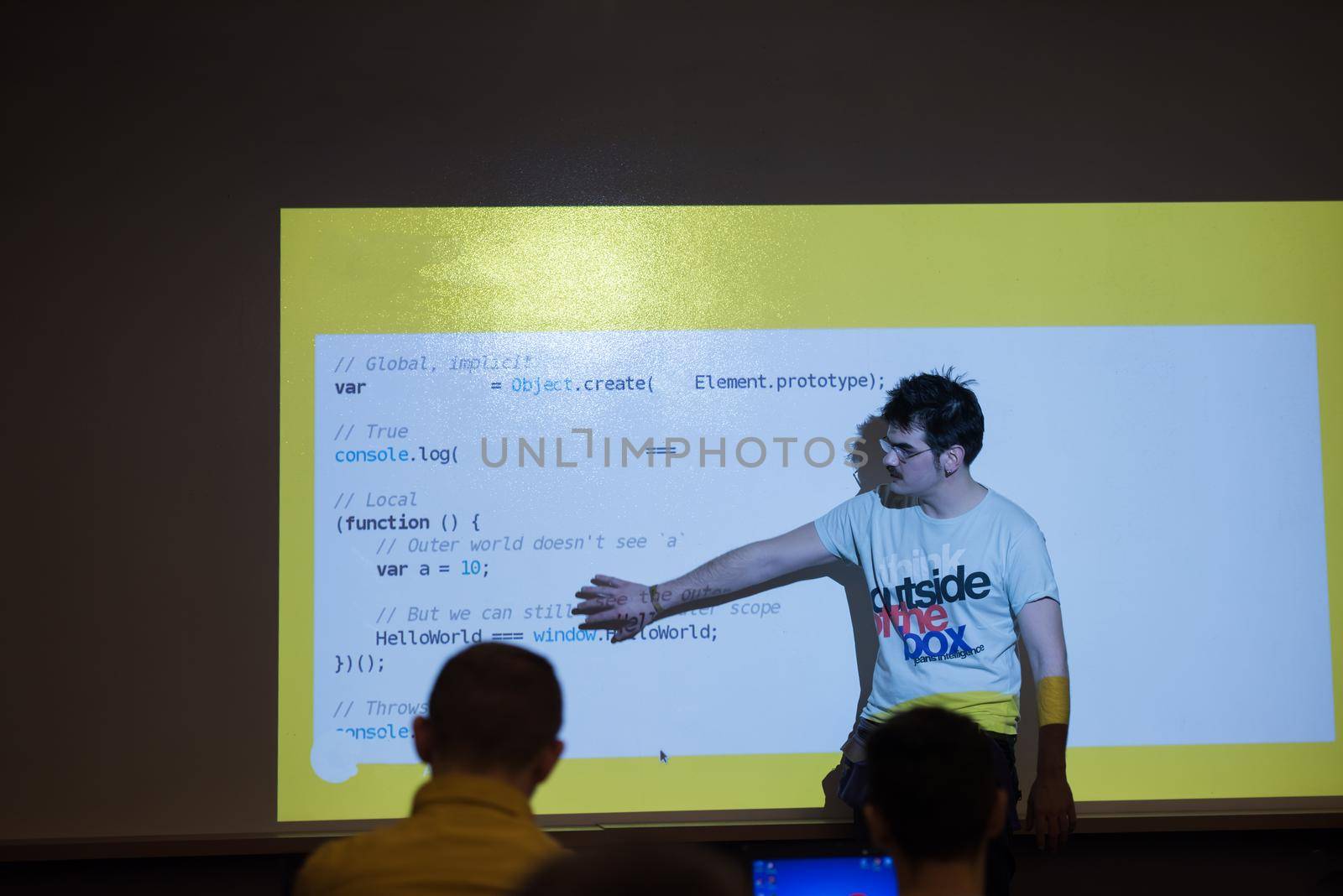 young computer technology students on  code programming class have presentation