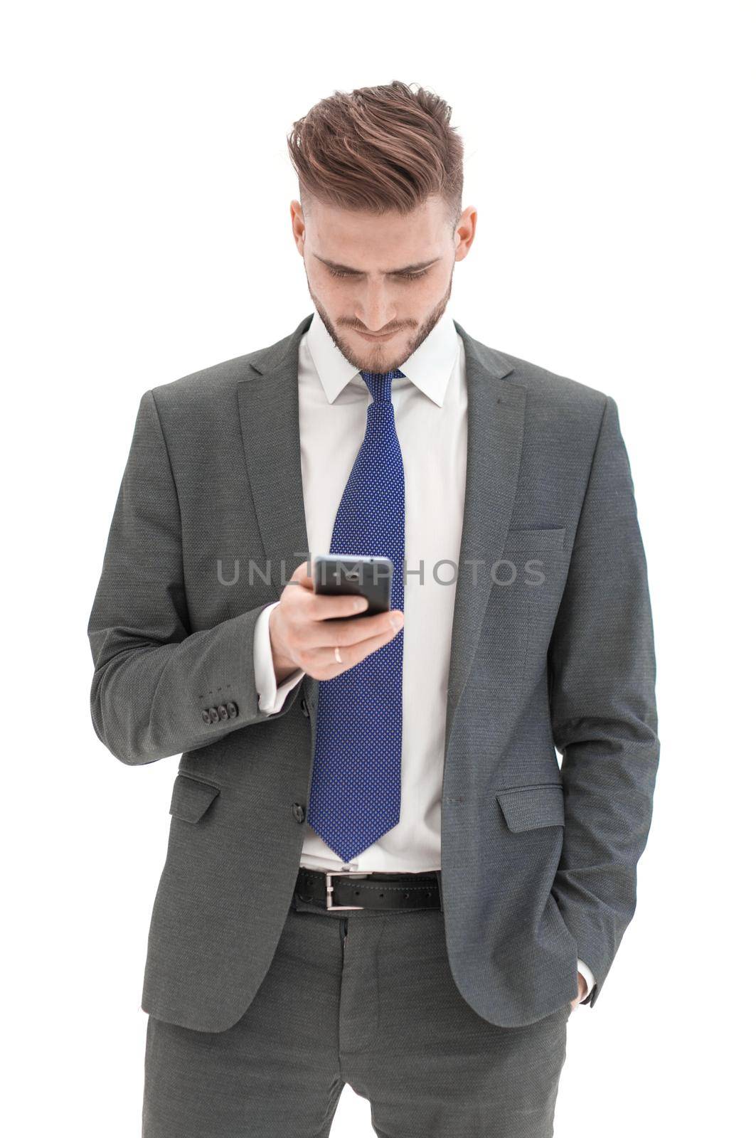businessman reading SMS on his smartphone by asdf