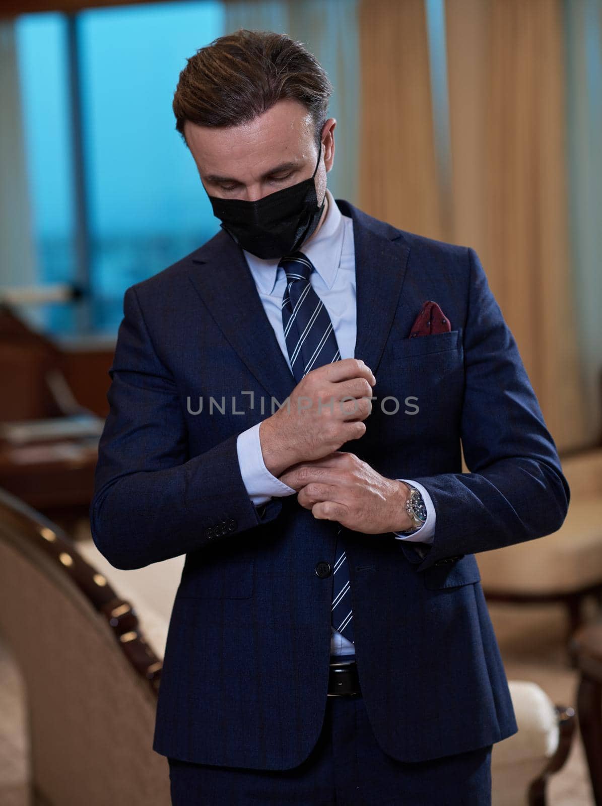 corporate business man wearing protective medical face mask at luxury office