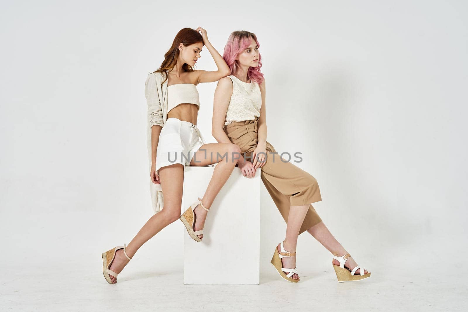 two women in fashionable clothes posing model decoration. High quality photo