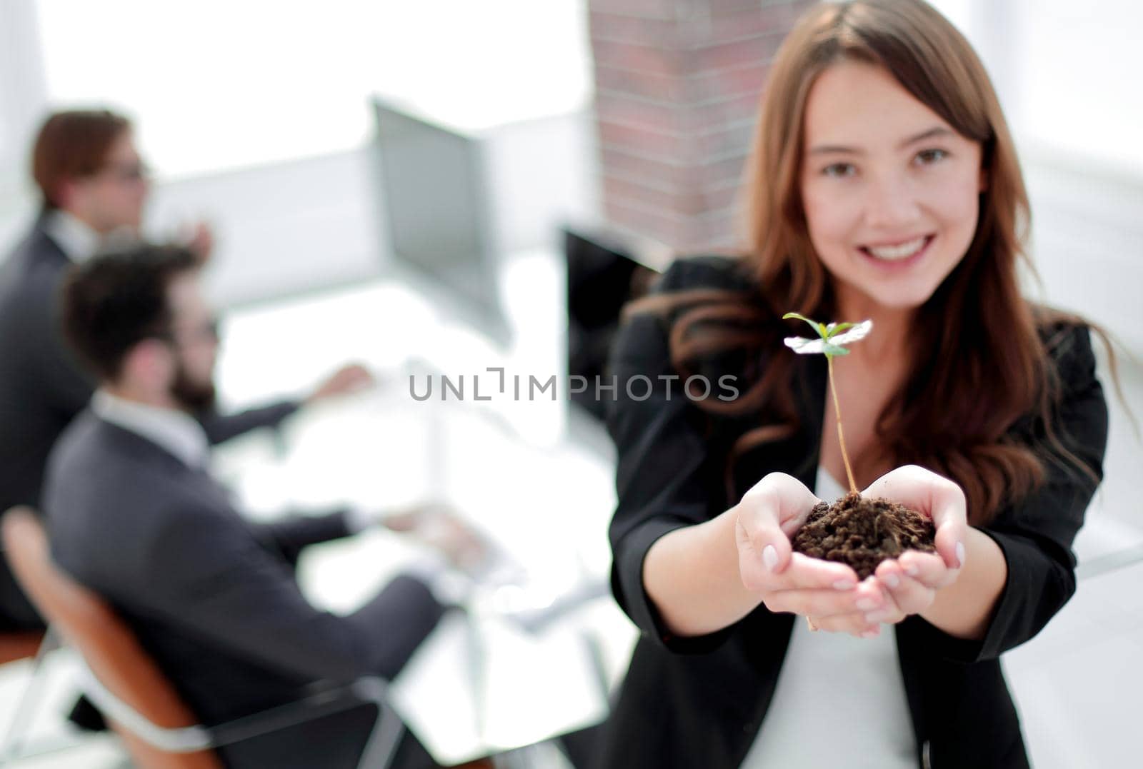 woman ecologist with a fresh sprout in the office.photo with copy space