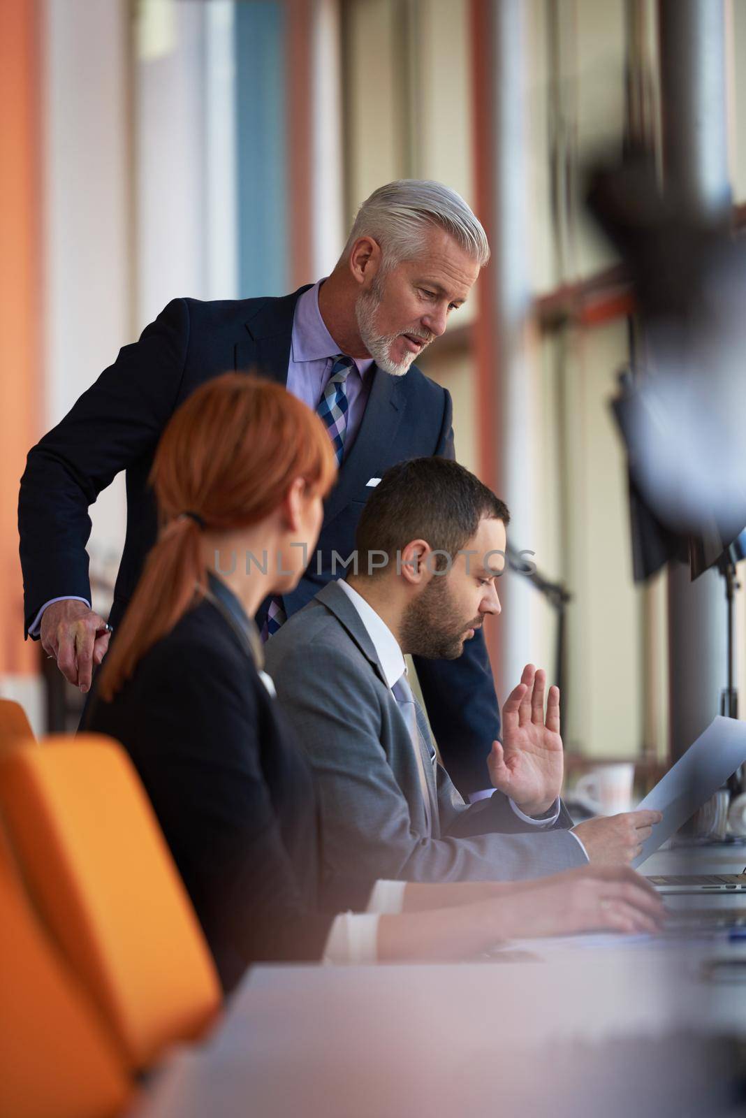 business people group with young adults and senior on meeting at modern bright office interior.