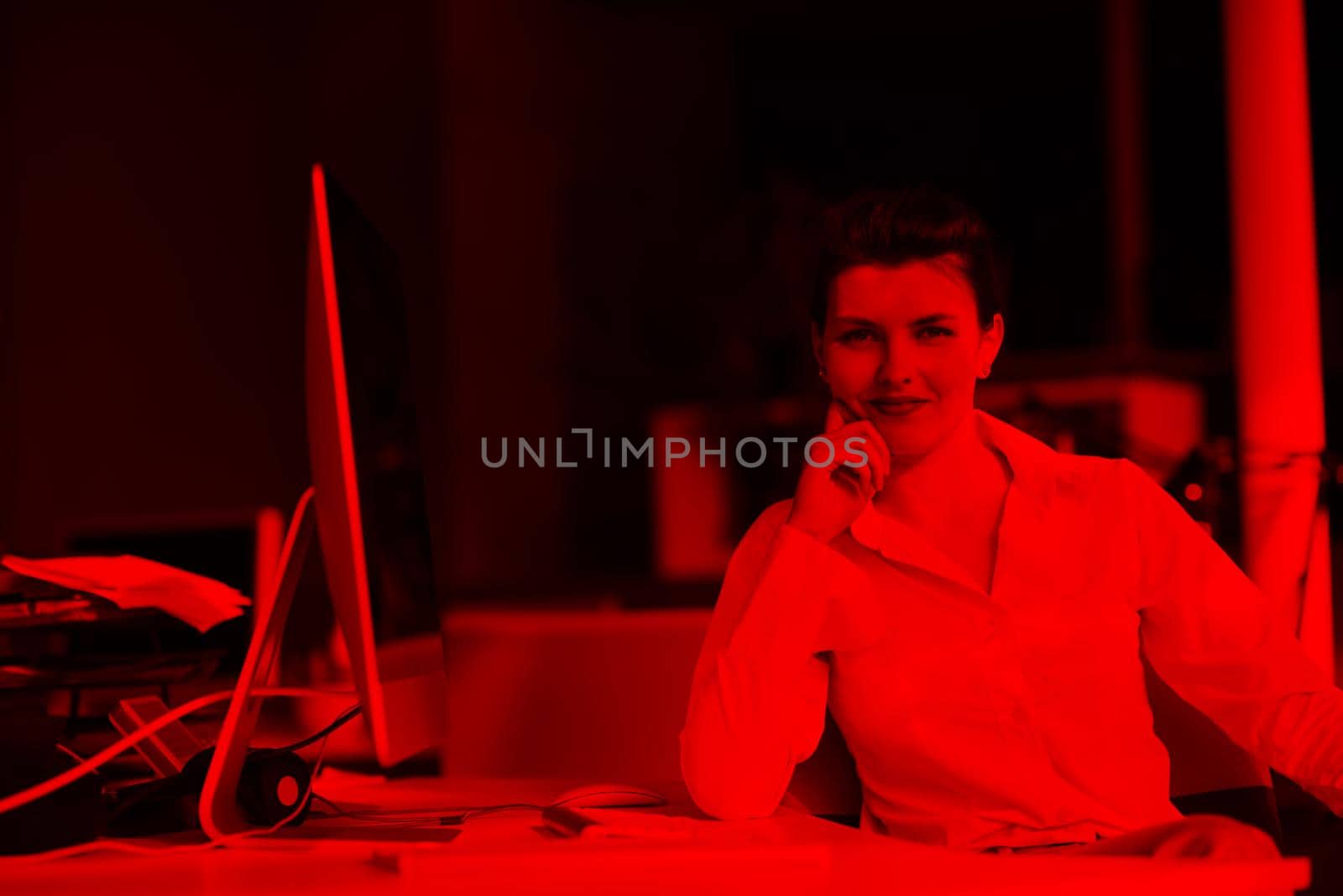 happy young business woman relaxing and geting insiration while working on desktop computer at modern bright  starup office interior