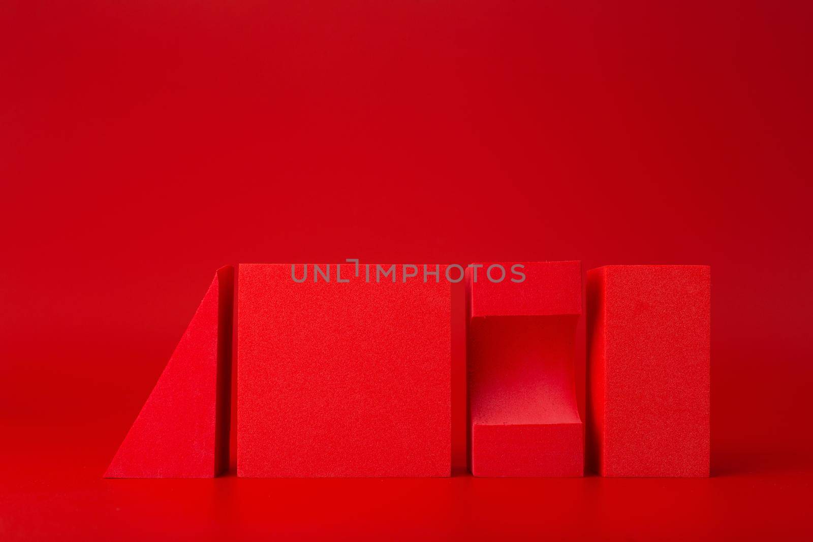 Abstract futuristic background in monochromatic red colors with copy space. Different geometric shapes by Senorina_Irina