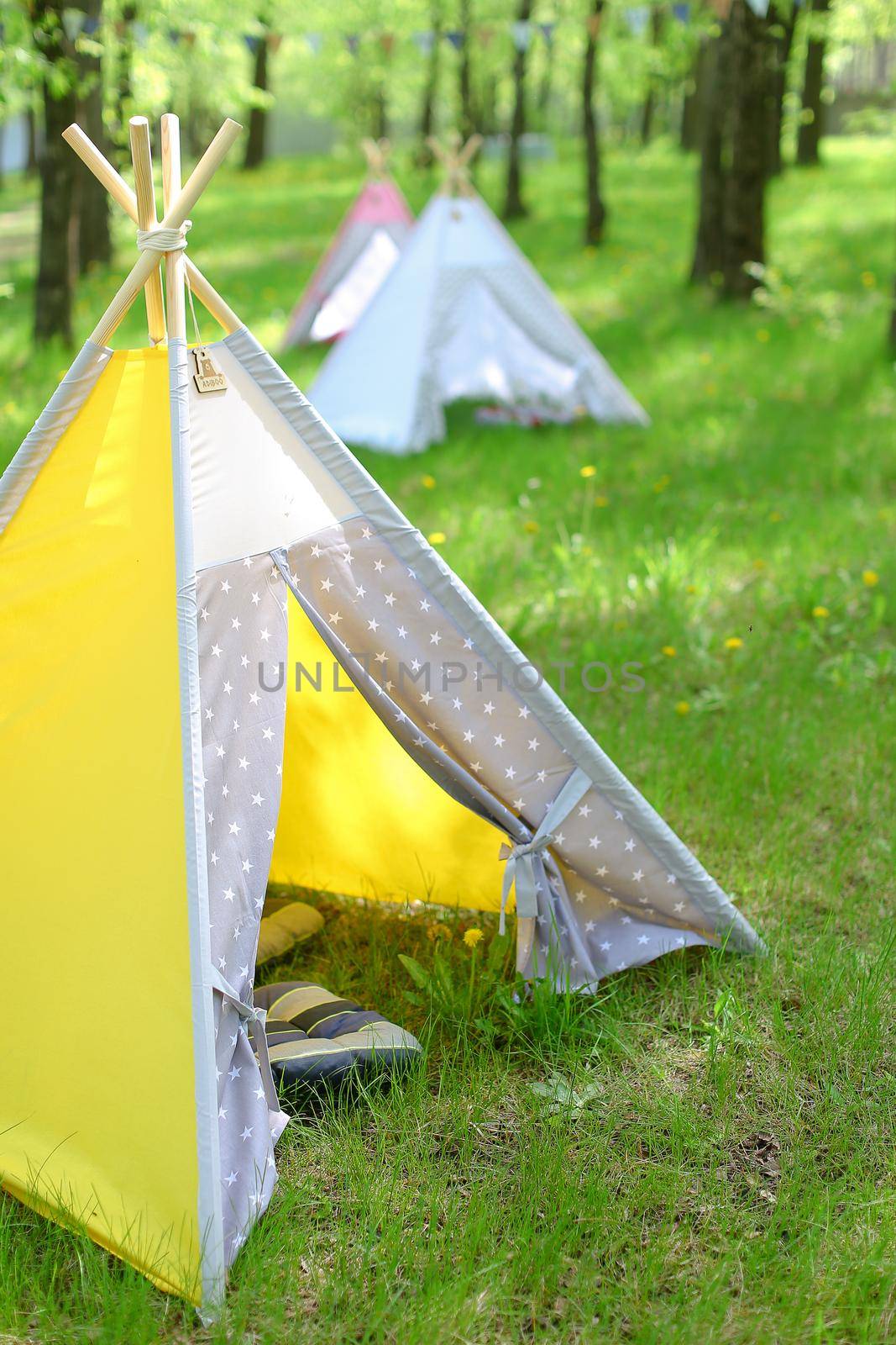 Yellow and blue tents in park. by sisterspro