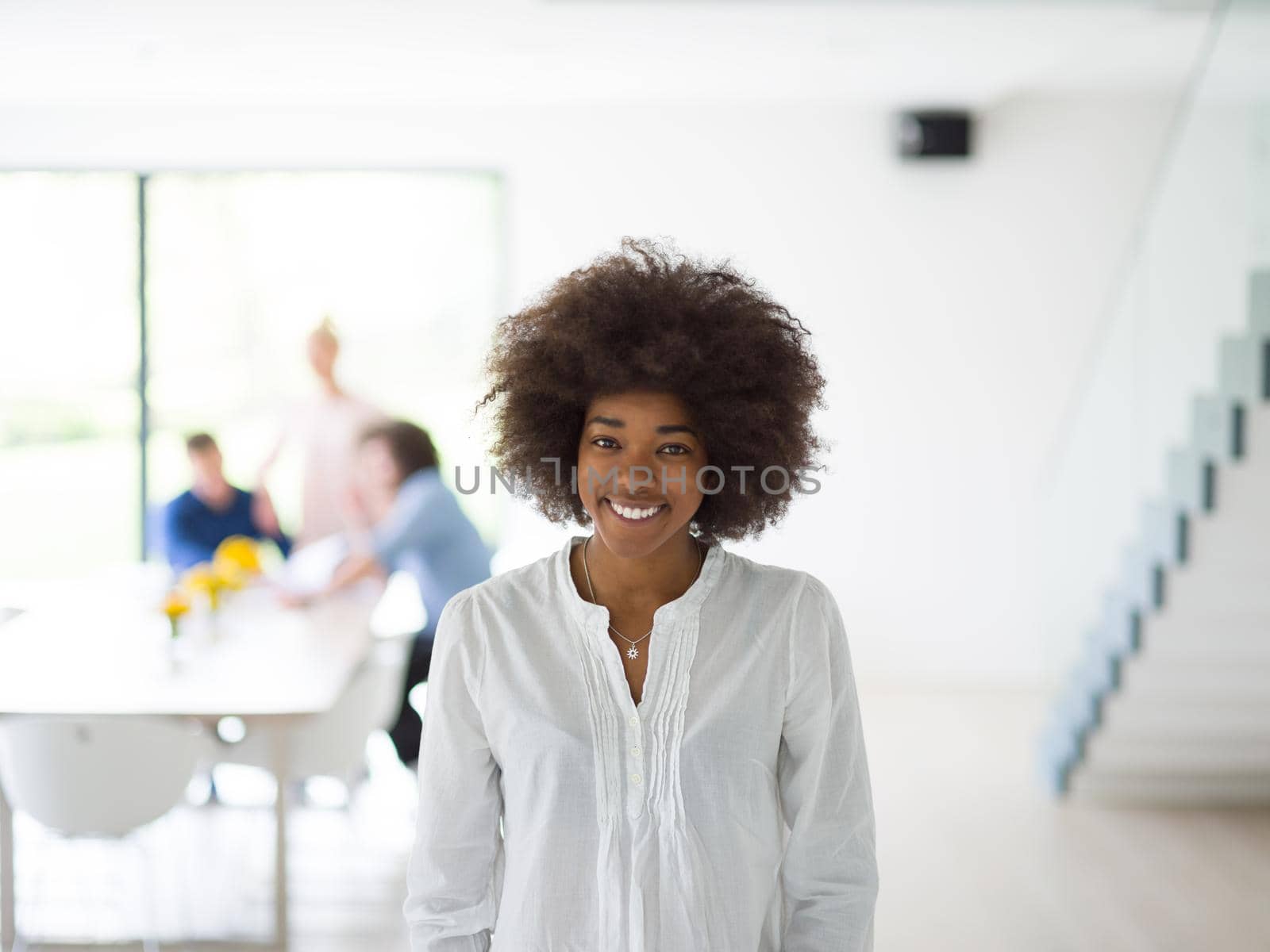 portrait of young African American business woman at modern startup office interior, team in meeting in background