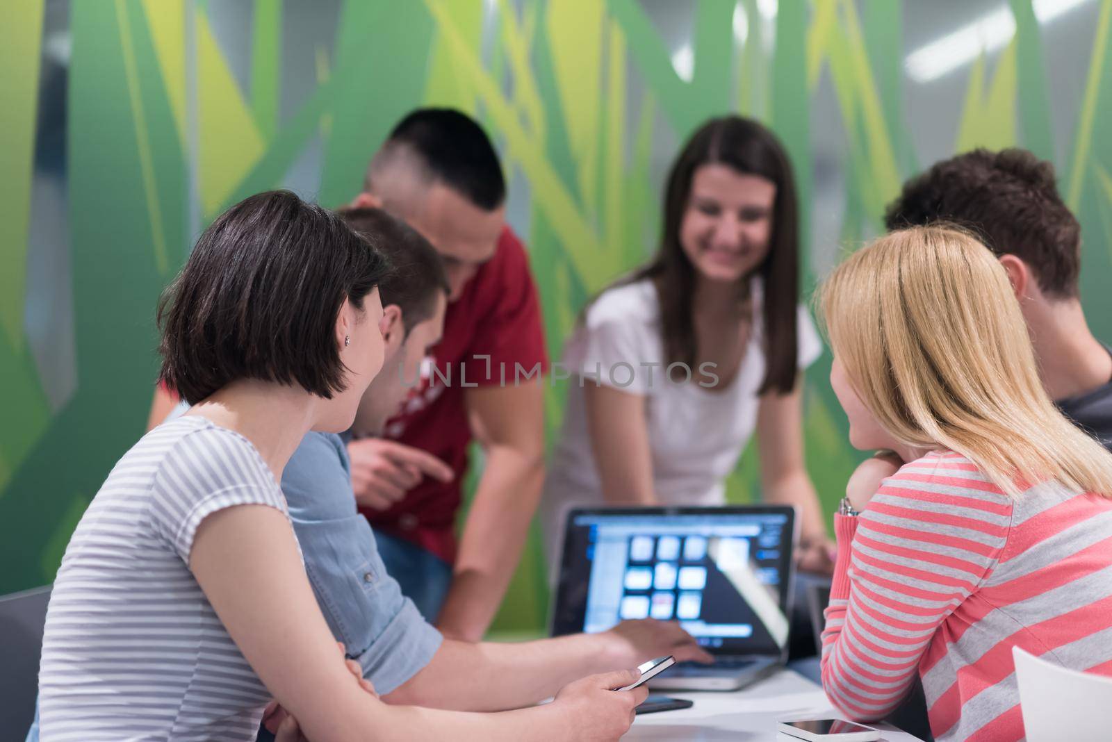 students group study together in school classroom and working together homework project