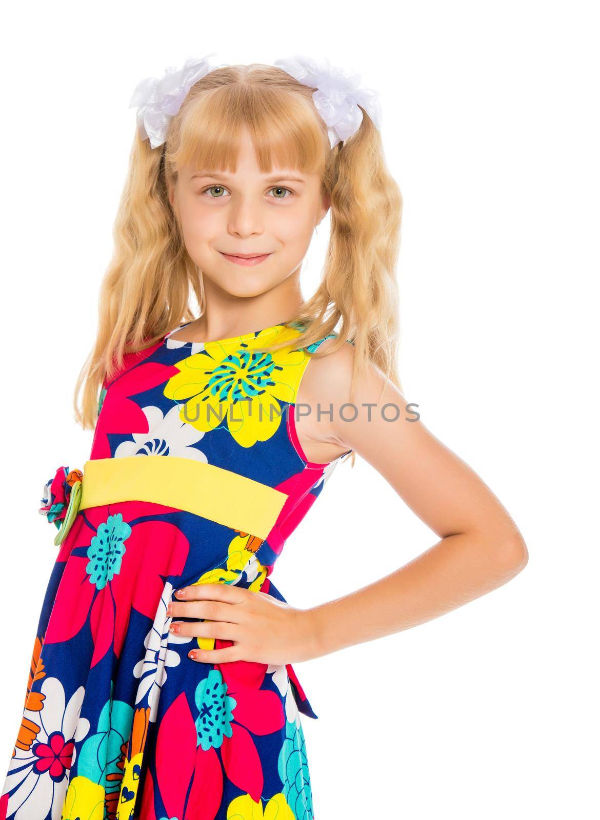 Sweet, adorable little girl with long blonde ponytails on her head tied with white bows. Close-up-Isolated on white background