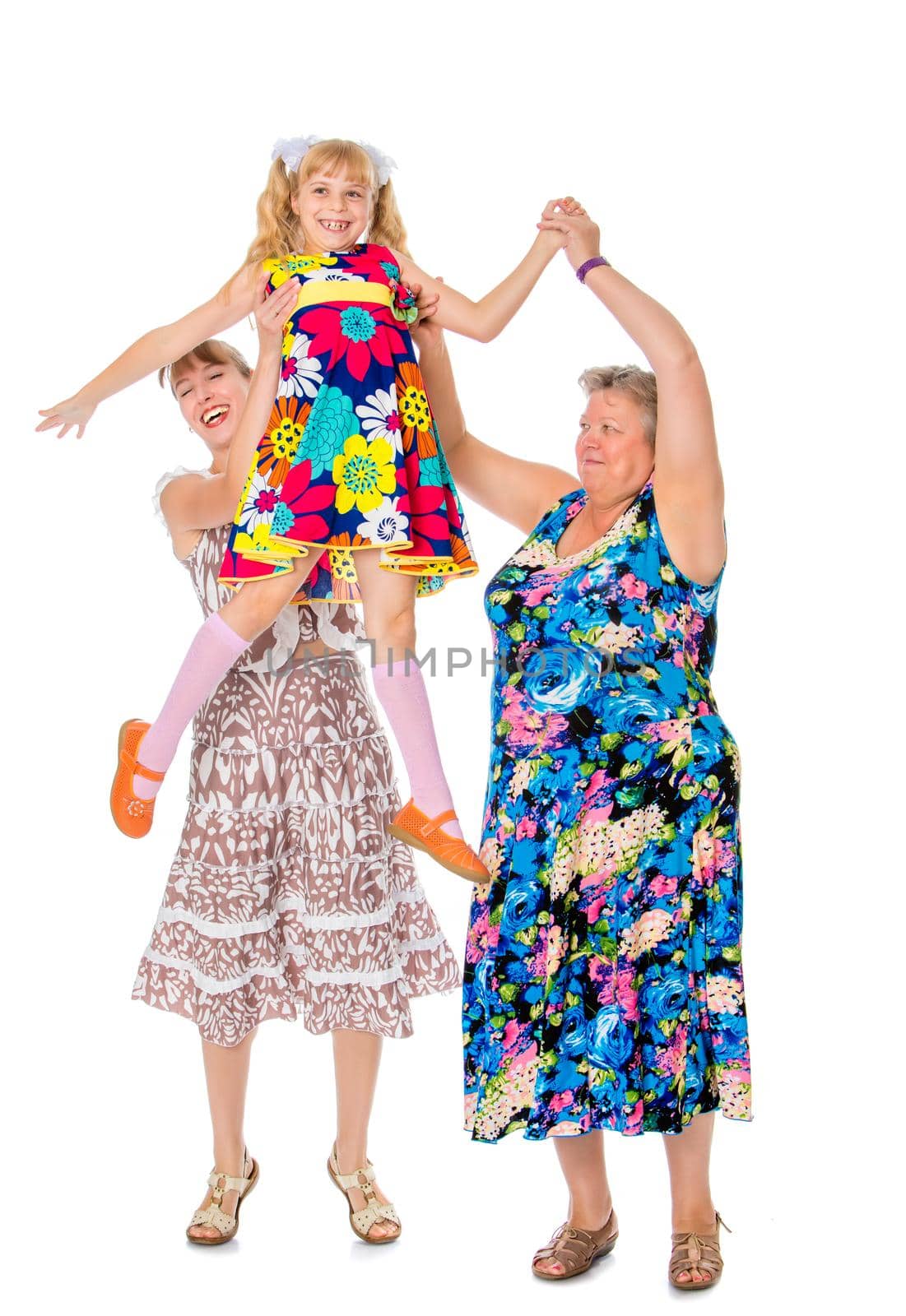 Mother and grandmother raised at the hands of his beloved daughter and granddaughter-Isolated on white background