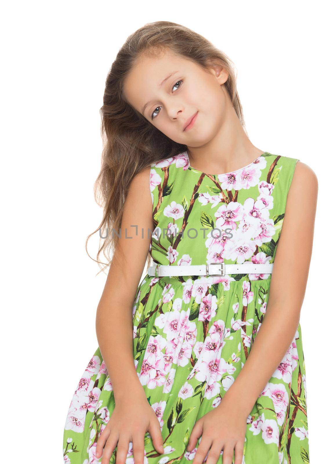 Closeup portrait of beautiful fair-haired little girl - Isolated on white background