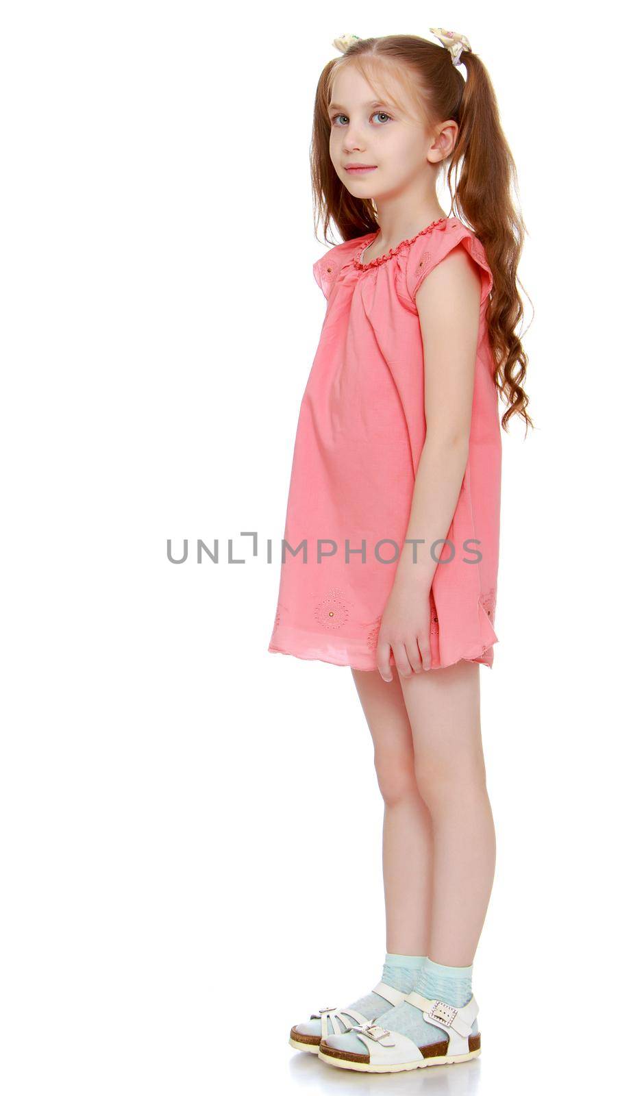 The doubting little girl with long pigtails to her waist and braided white bows. In short pink summer dress. Standing sideways to the camera - Isolated on white background