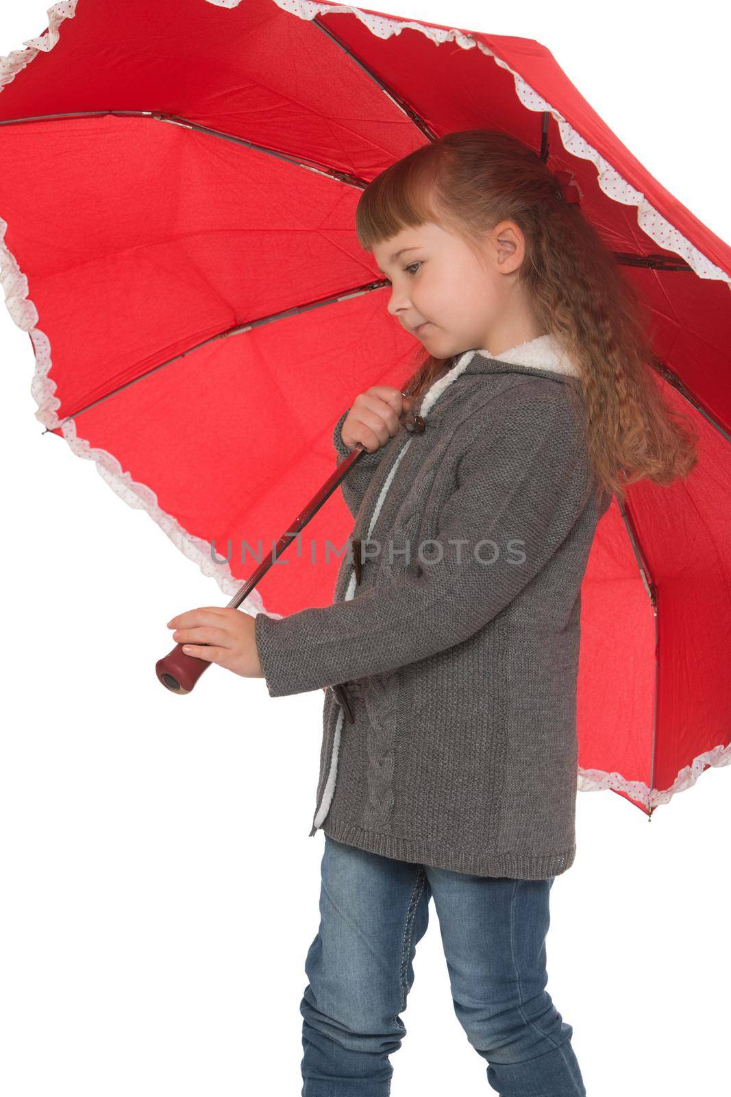 Beautiful little girl in autumn clothes under the red umbrella close-up