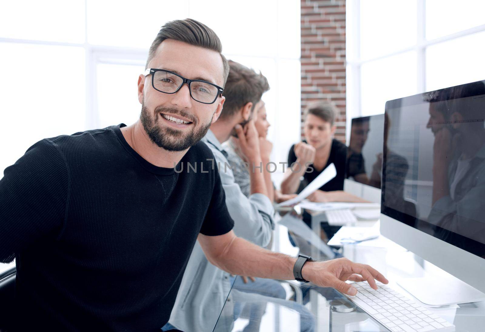 Executives having friendly discussion during break