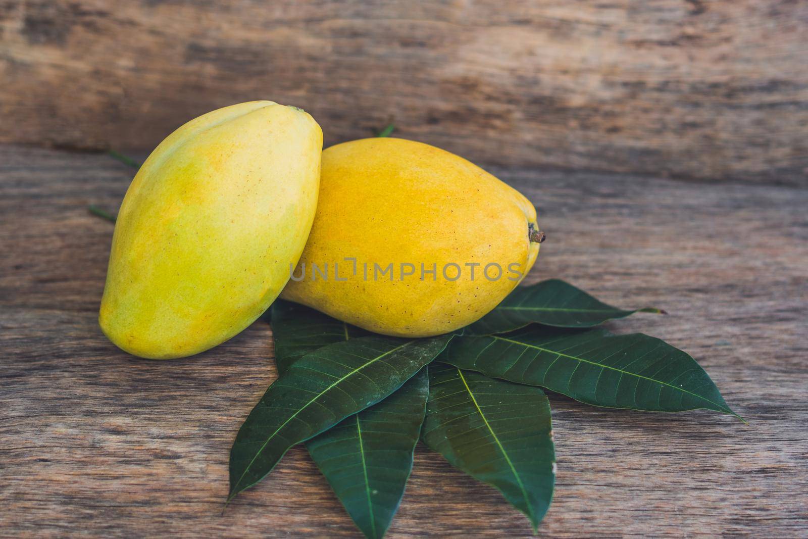 Mango and mango leaves on an old wooden background by galitskaya