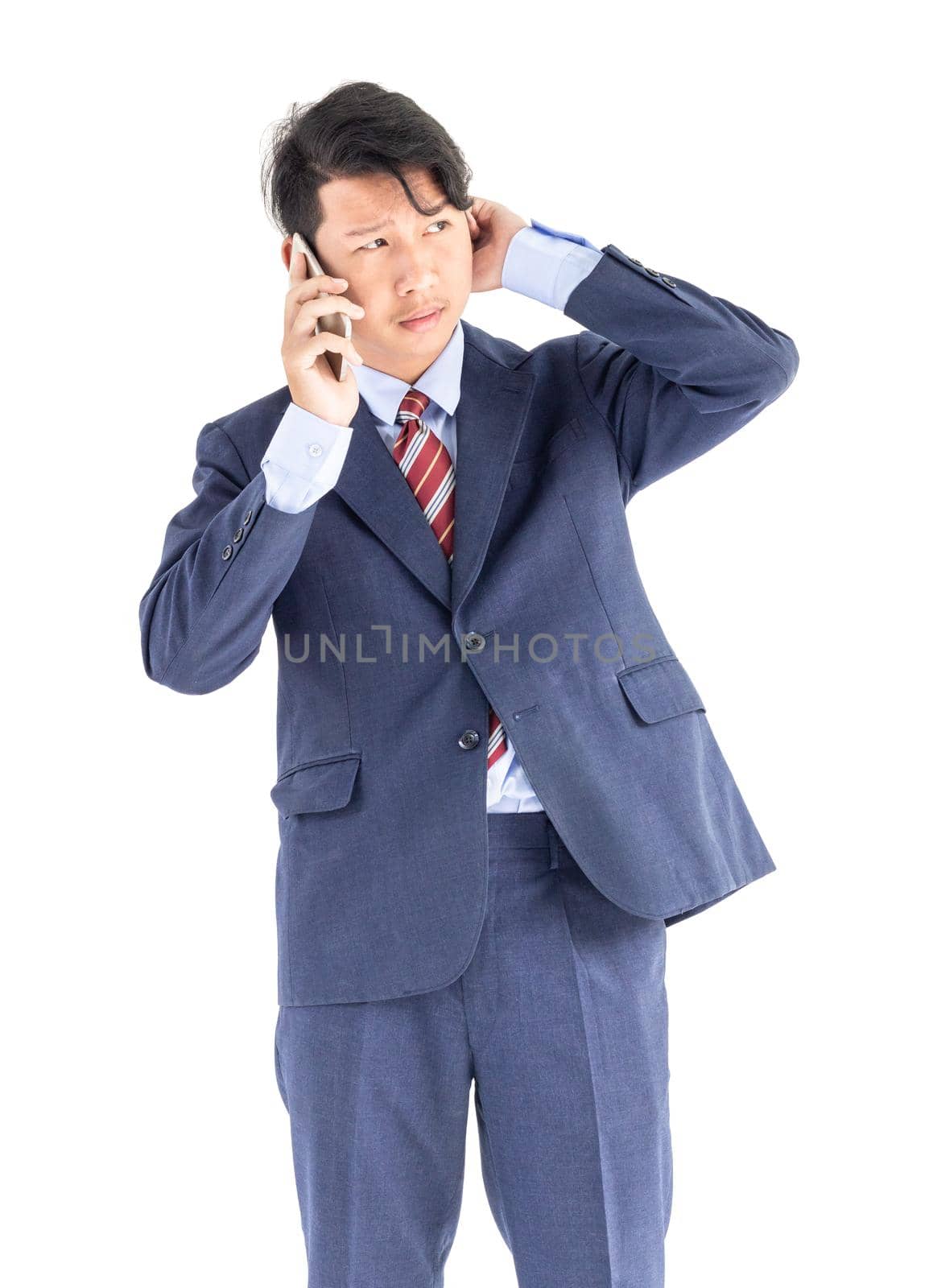 Business men portrait holding phone isolated on white by stoonn