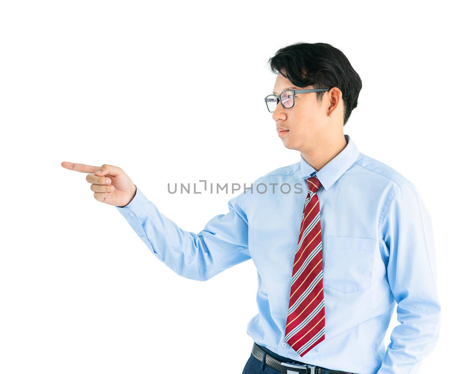 Male wearing blue shirt and red tie reaching hand out isolated on white background
