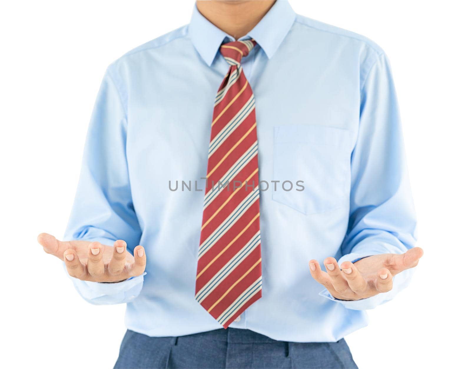 Male wearing blue shirt reaching hand out with clipping path by stoonn