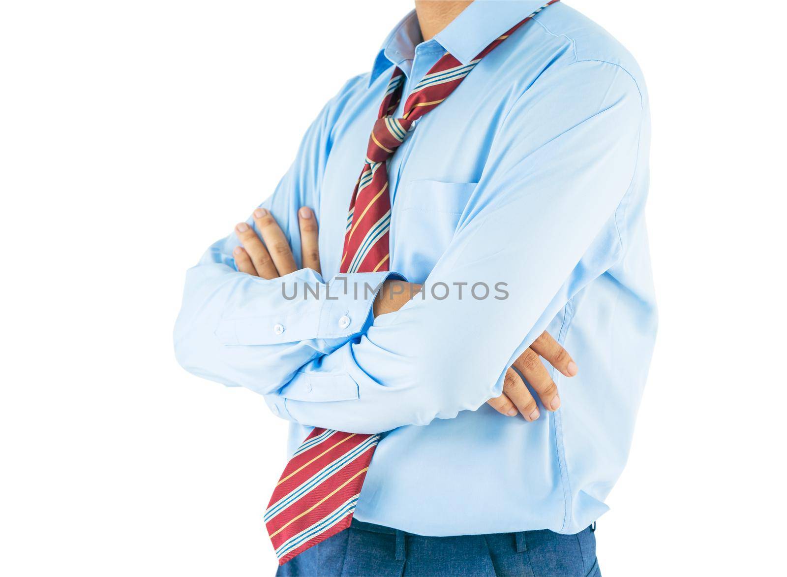 Man in long sleeve shirt wear keeping arms crossed while standing isolate on white background with clipping path