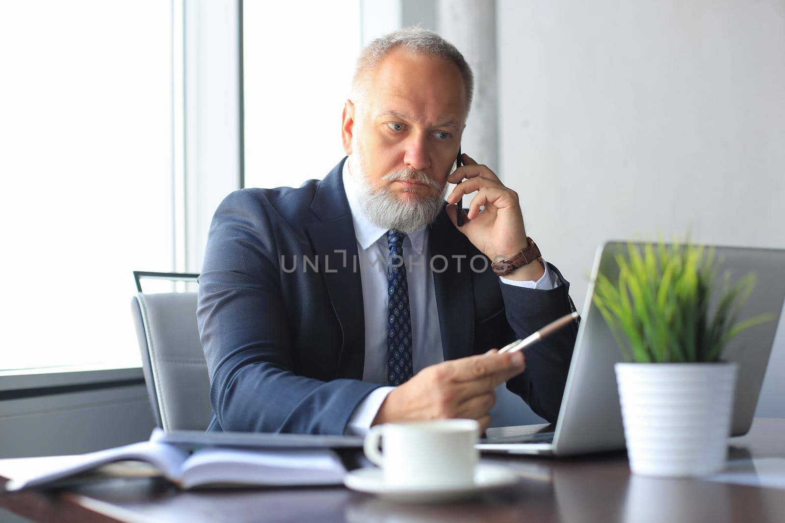 Mature businessman talking on the smart phone and using computer while working in the office. by tsyhun