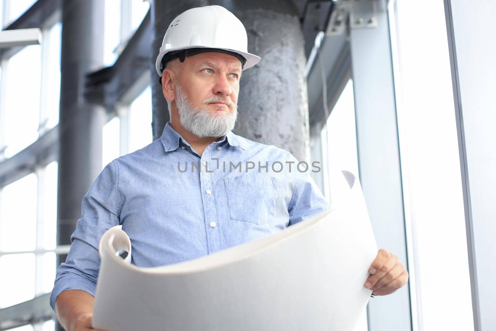 Confident mature architect in corporate suit and hardhat holding a blueprint and looking at it