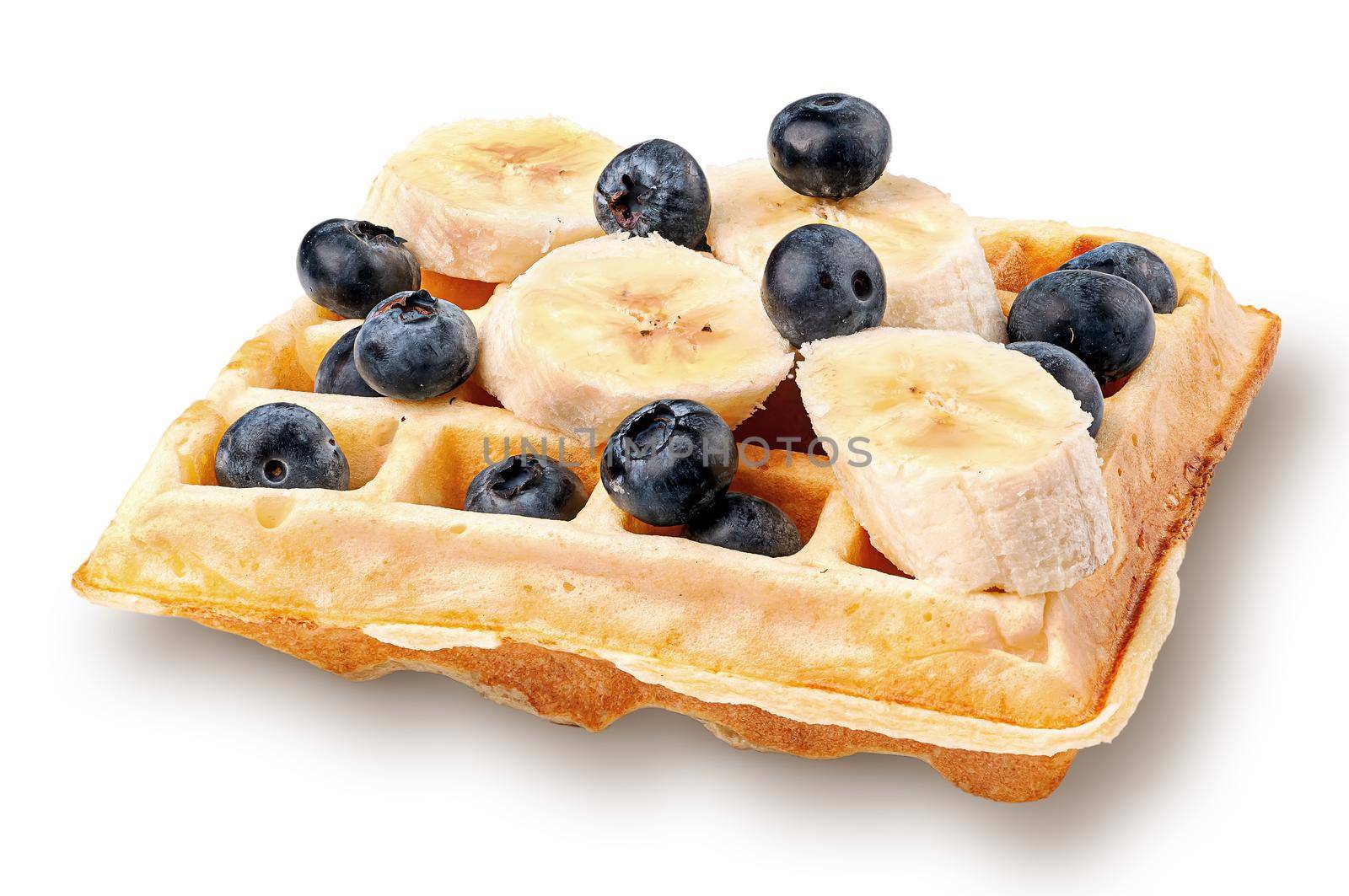 French waffles with blueberries and bananas isolated on white by Cipariss