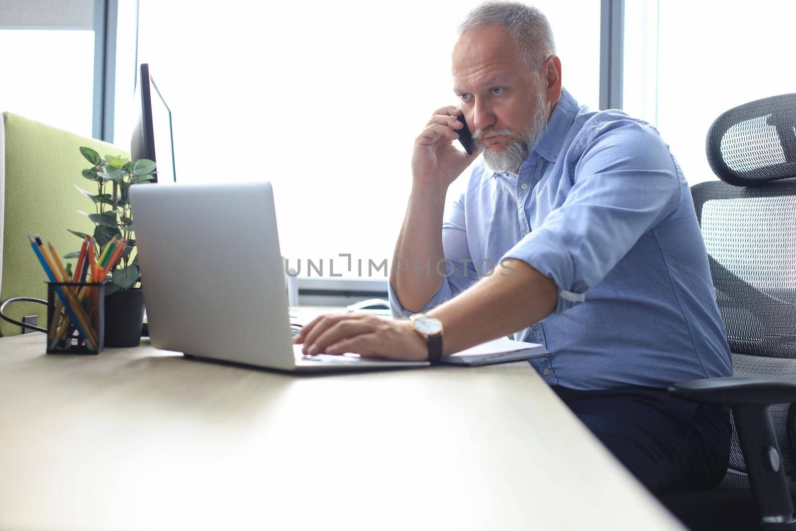 Confident mature businessman having a phone call on his smartphone in modern office